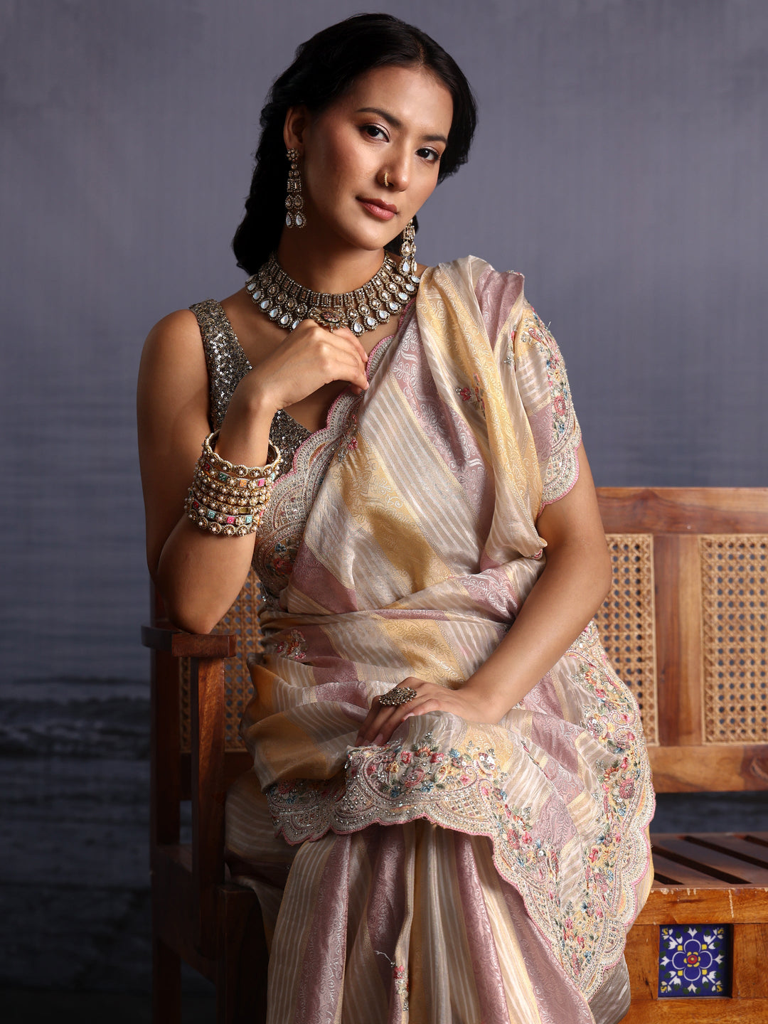  Libas Art Ivory Silk Blend Saree with Floral Embroidered Border 