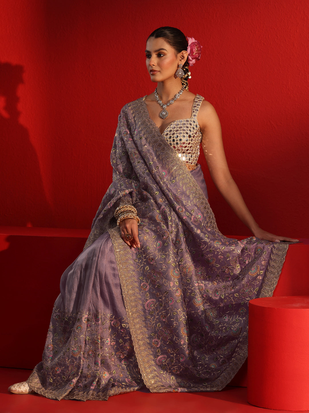  Libas Art Lavender Floral Embroidered Net Saree With Stone Work 