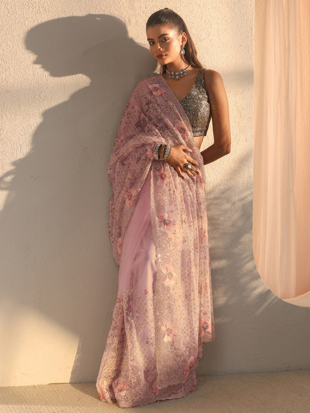  Libas Art Lavender Floral Embroidered Stone Work Net Saree 