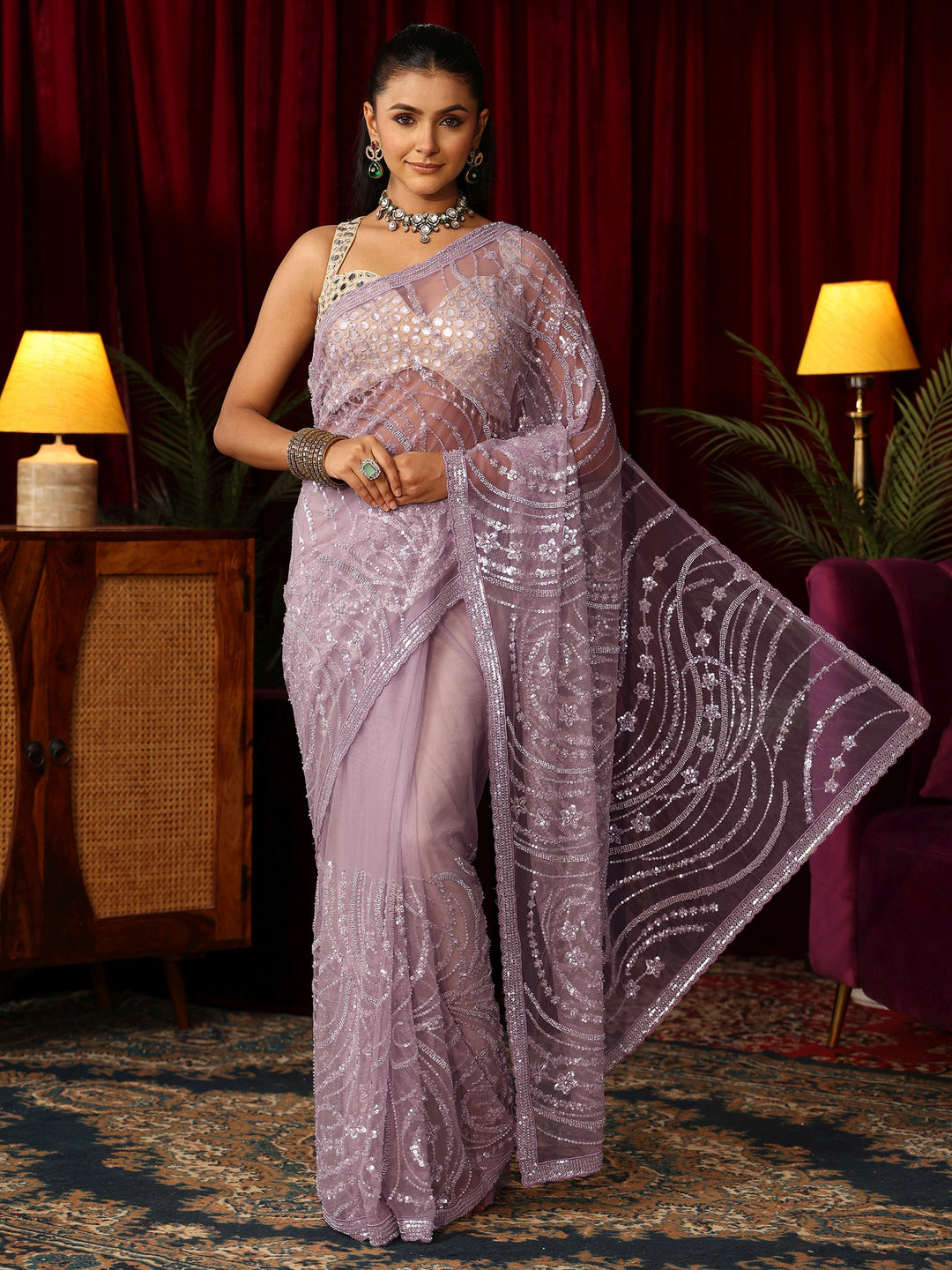  Libas Art Lavender Sequin Embellished Net Saree 