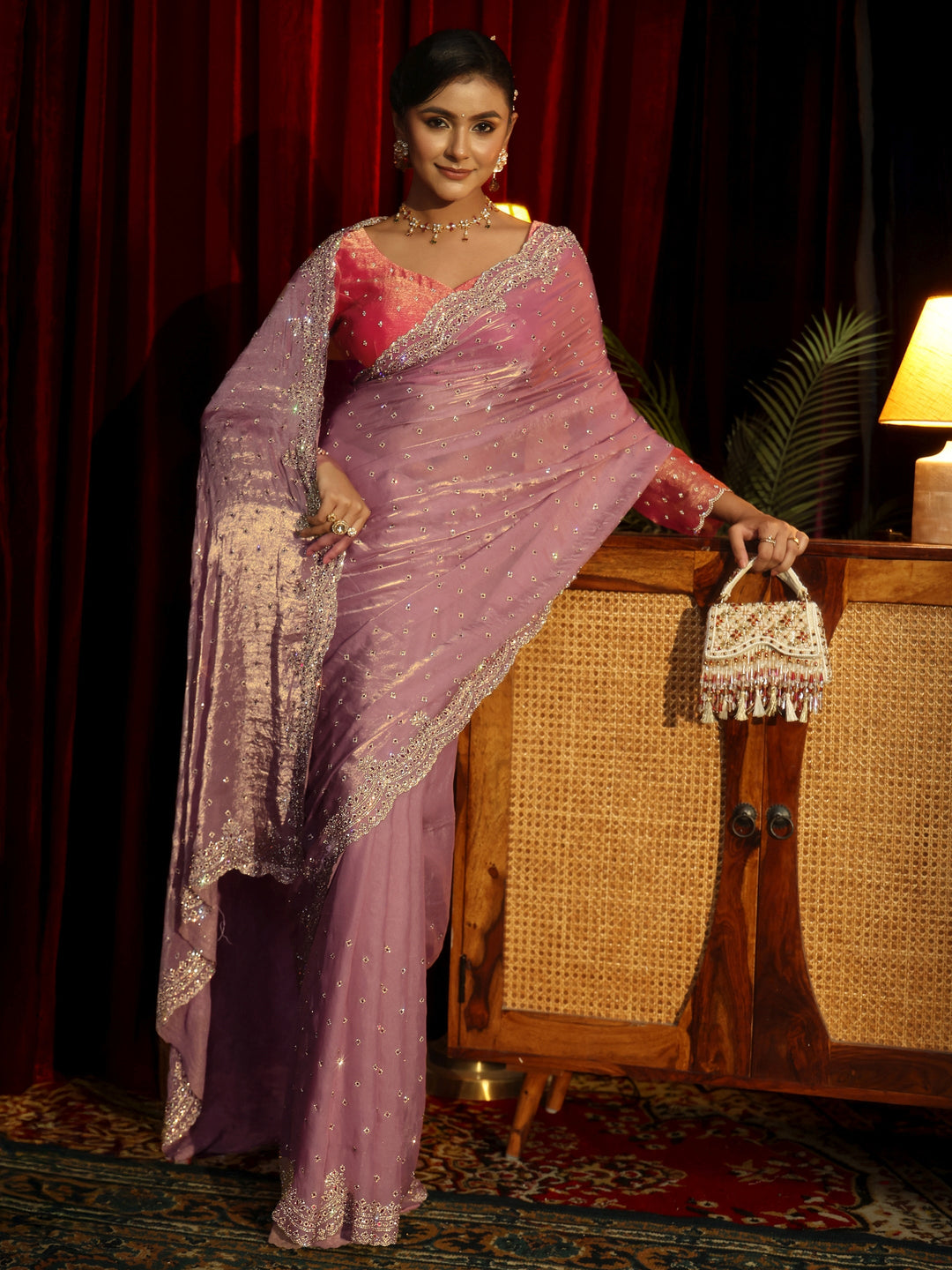  Libas Art Lavender Stone Work Embellished Tissue Saree 