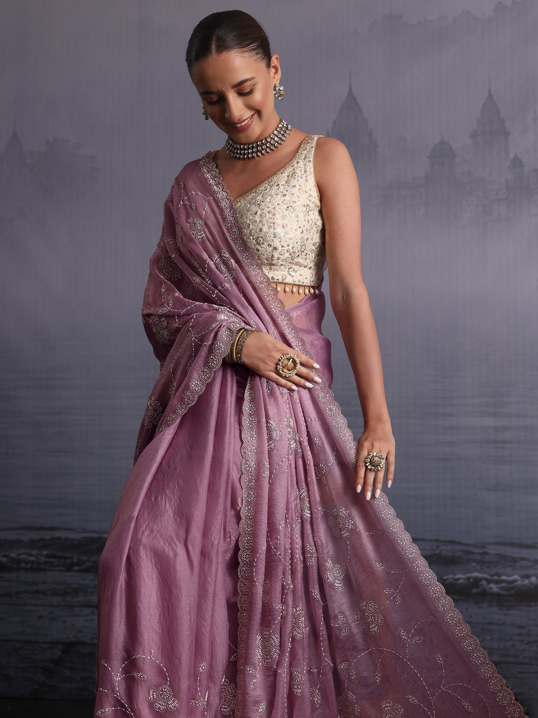 Libas Art Lavender Stone Work Embellished Tissue Saree