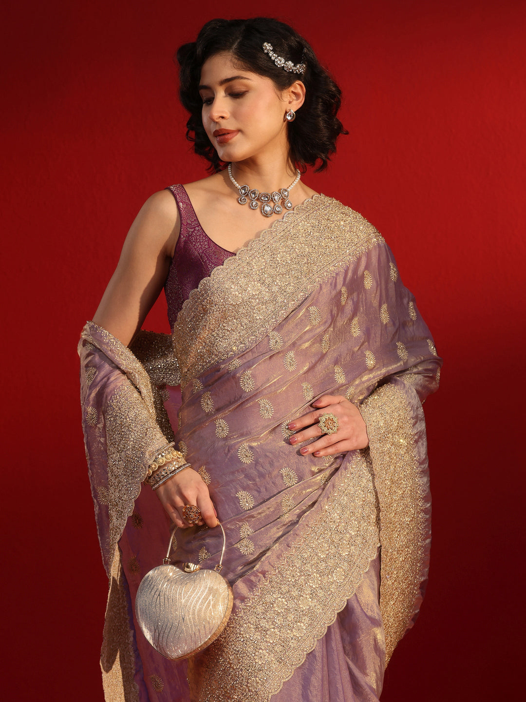  Libas Art Lavender Stone Work Embellished Tissue Saree 