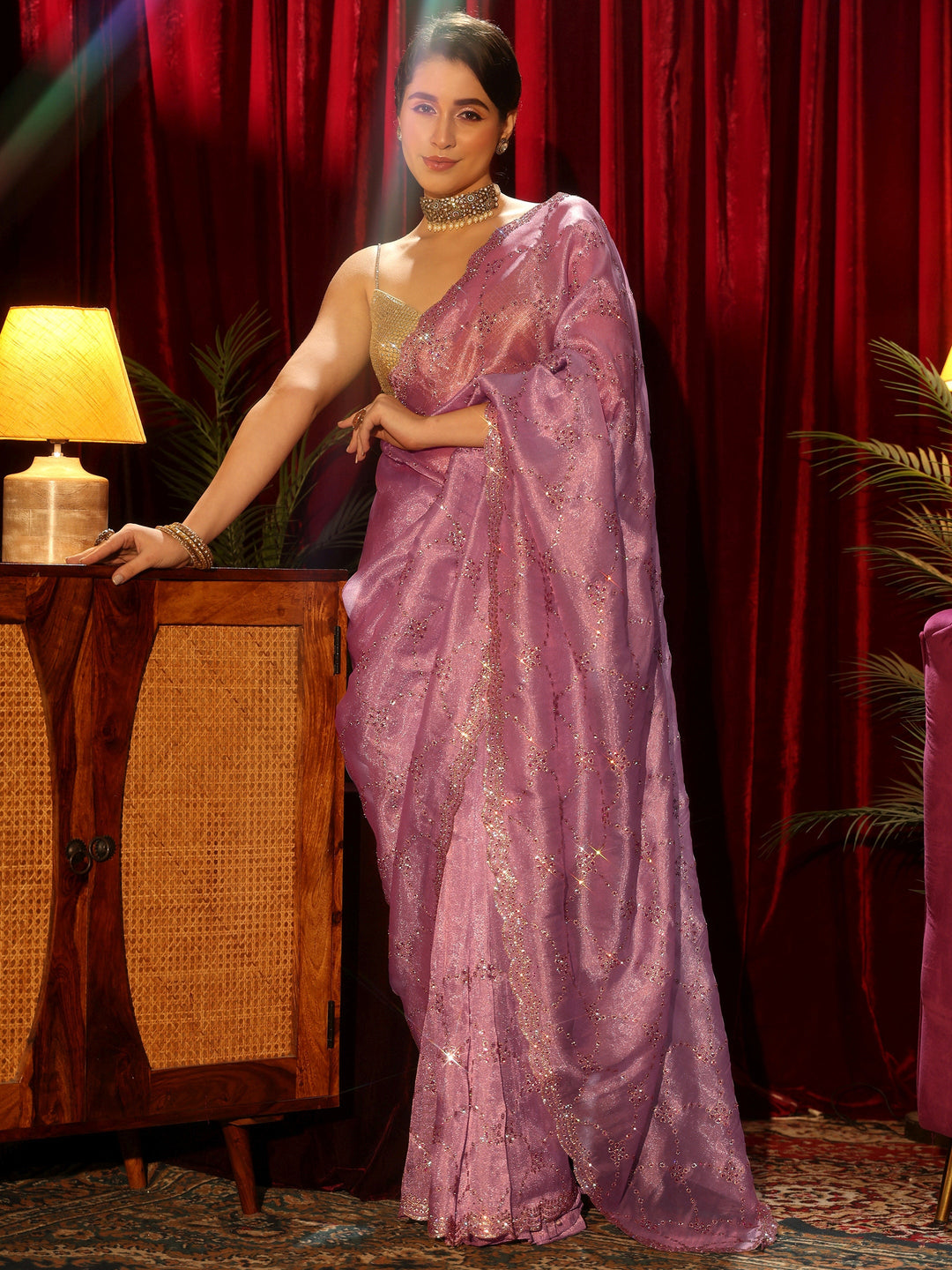Libas Art Lavender Stone Work Tissue Saree