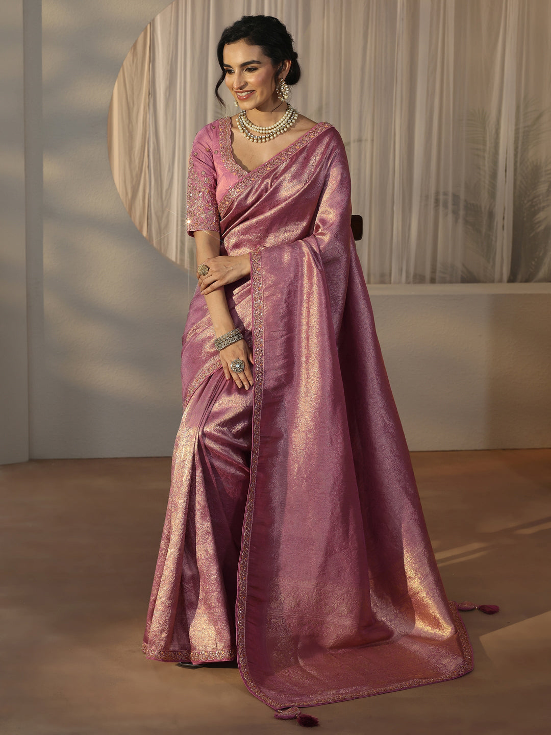  Libas Art Lavender Textured Silk Blend Saree with Embellished Border 