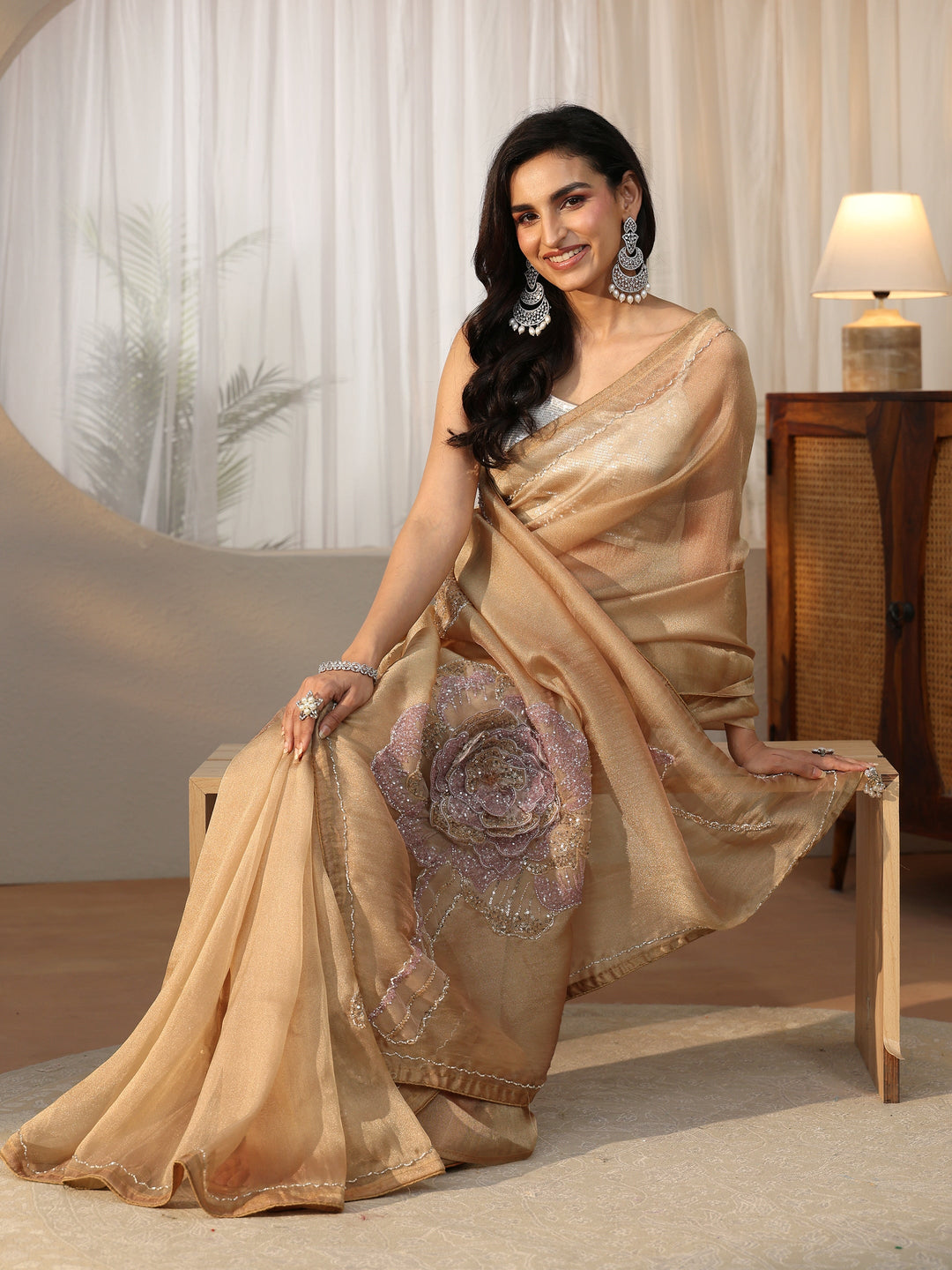  Libas Art Libas Art Gold Sequined Floral Applique Tissue Saree 