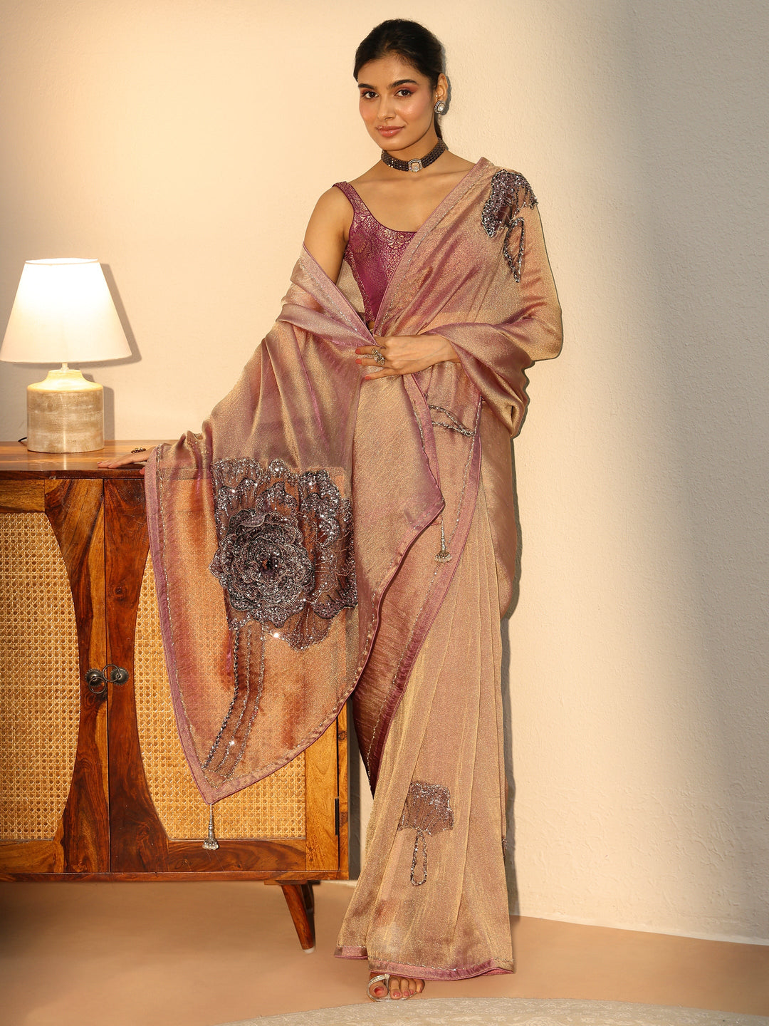  Libas Art Libas Art Mauve Sequined Floral Applique Tissue Saree 