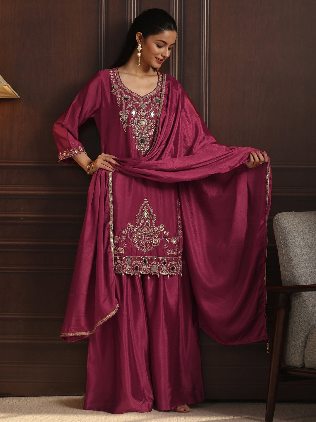  Libas Art Magenta Mirror Work Embellished Chinon Palazzo Suit Set 