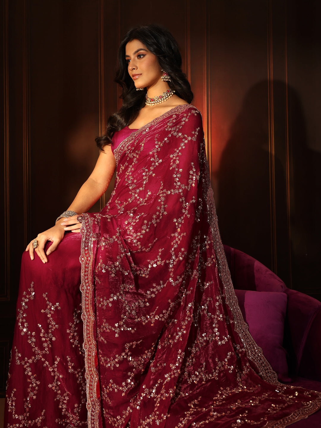 Libas Art Magenta Pink Embellished Tissue Saree 