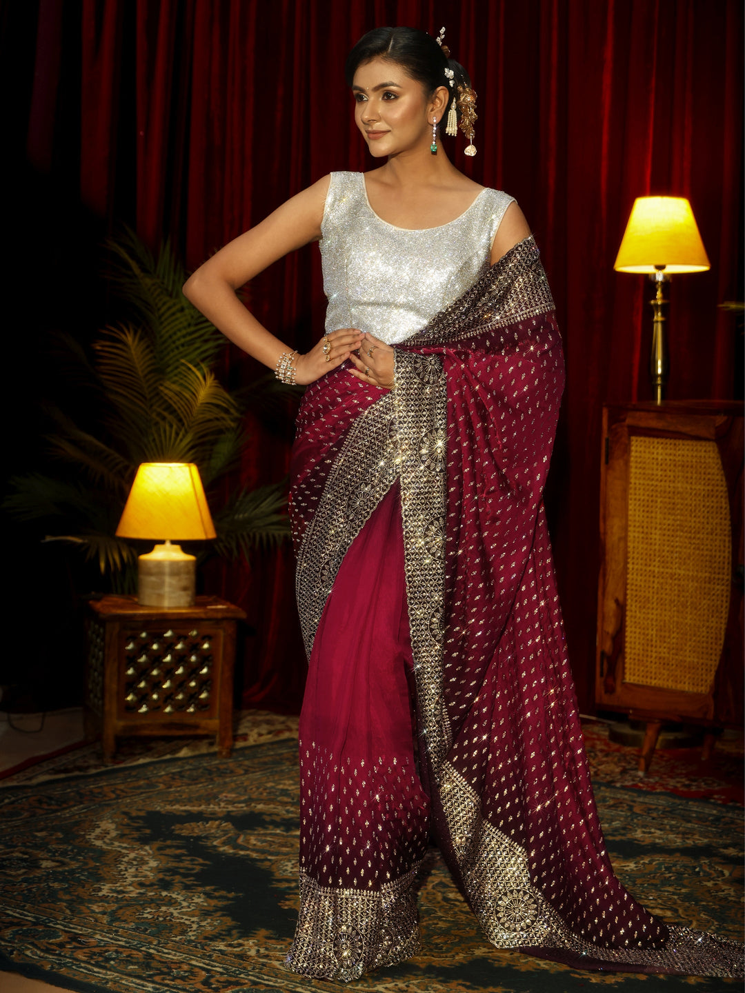  Libas Art Maroon Embellished Tissue Saree 