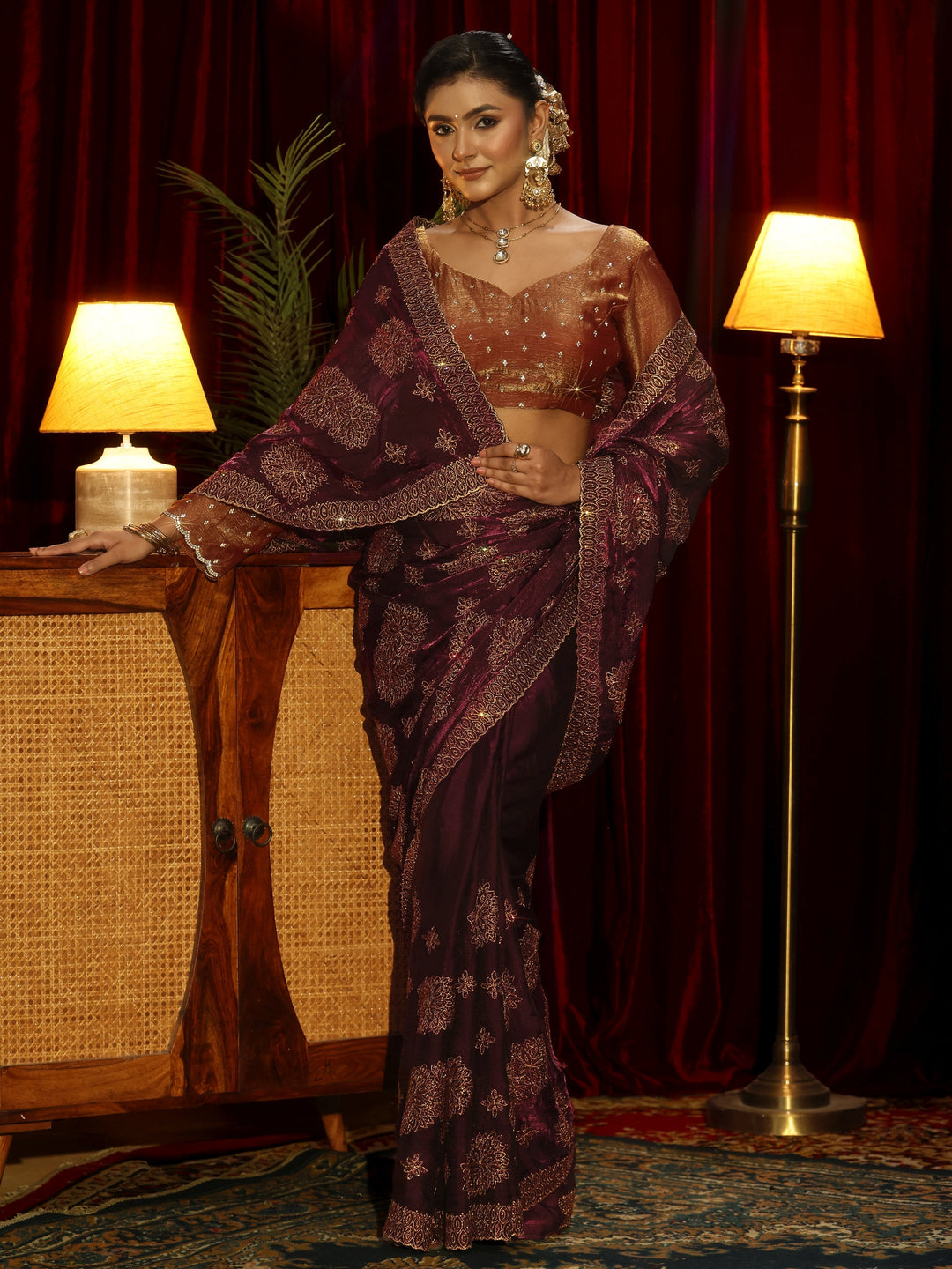  Libas Art Maroon Stone Work Embellished Tissue Saree 