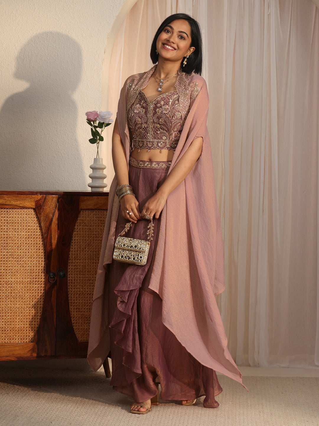  Libas Art Mauve Embellished Cape and Draped Skirt Tissue Co-Ord Set 