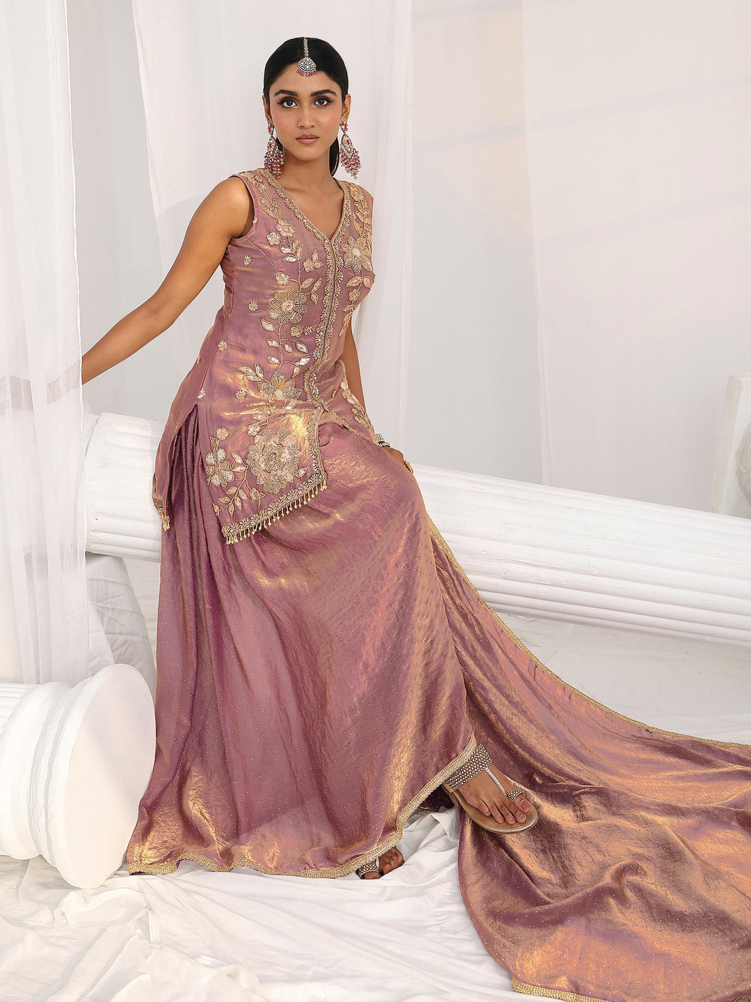  Libas Art Mauve Embellished Sleeveless Silk Blend Palazzo Suit Set 