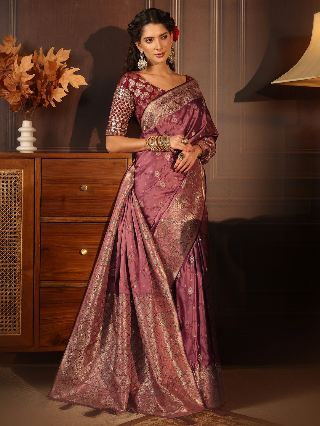 Libas Art Mauve Ethnic Woven Design Satin Saree