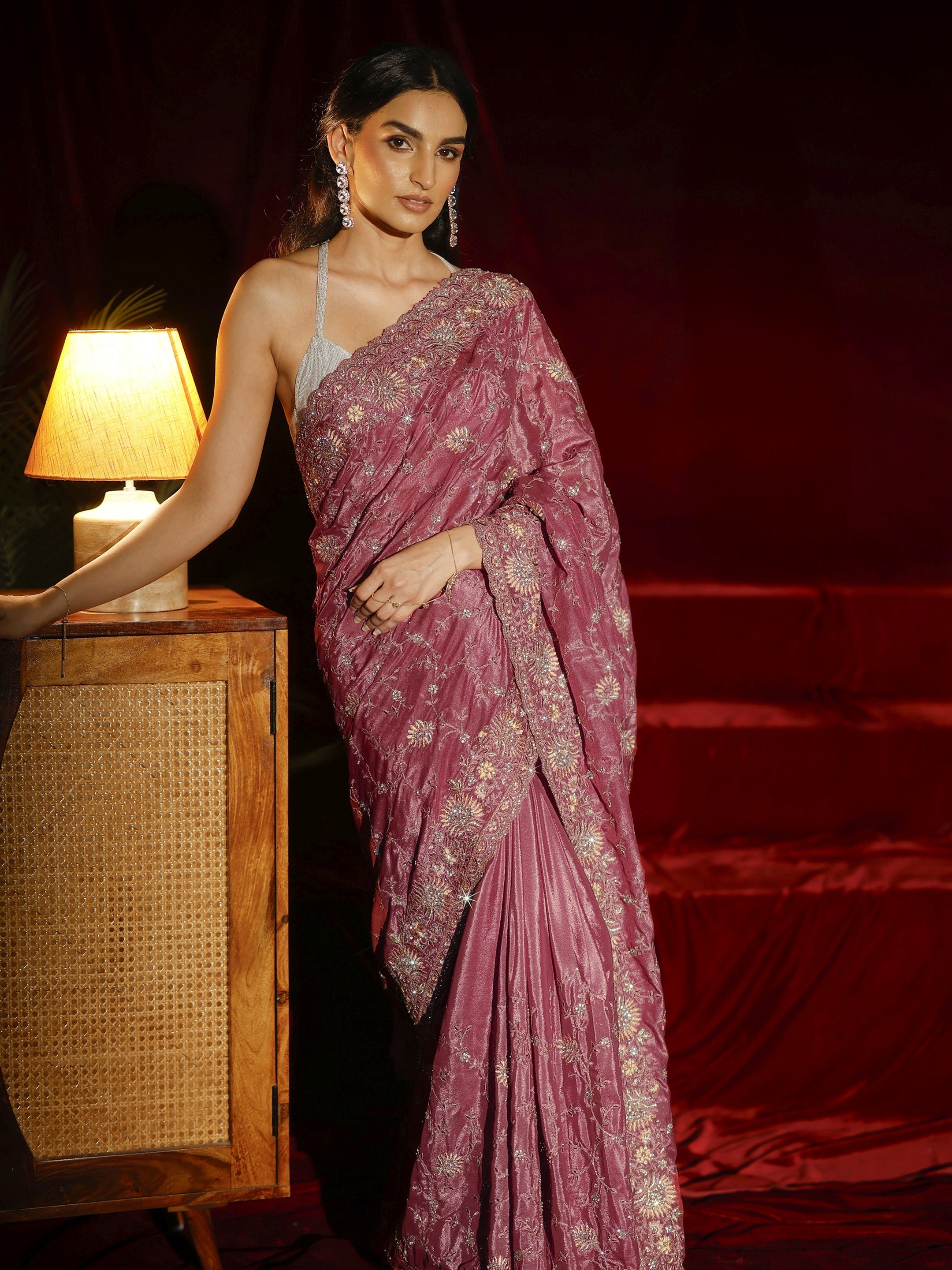 Libas Art Mauve Floral Embroidered Satin Saree-picture-46