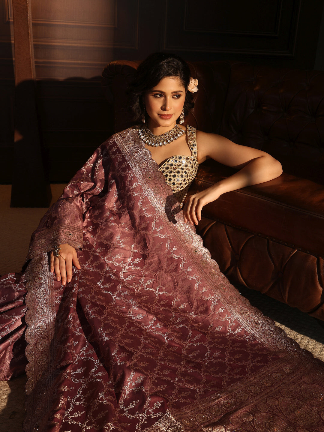 Libas Art Mauve Woven Design Satin Saree with Scalloped Border