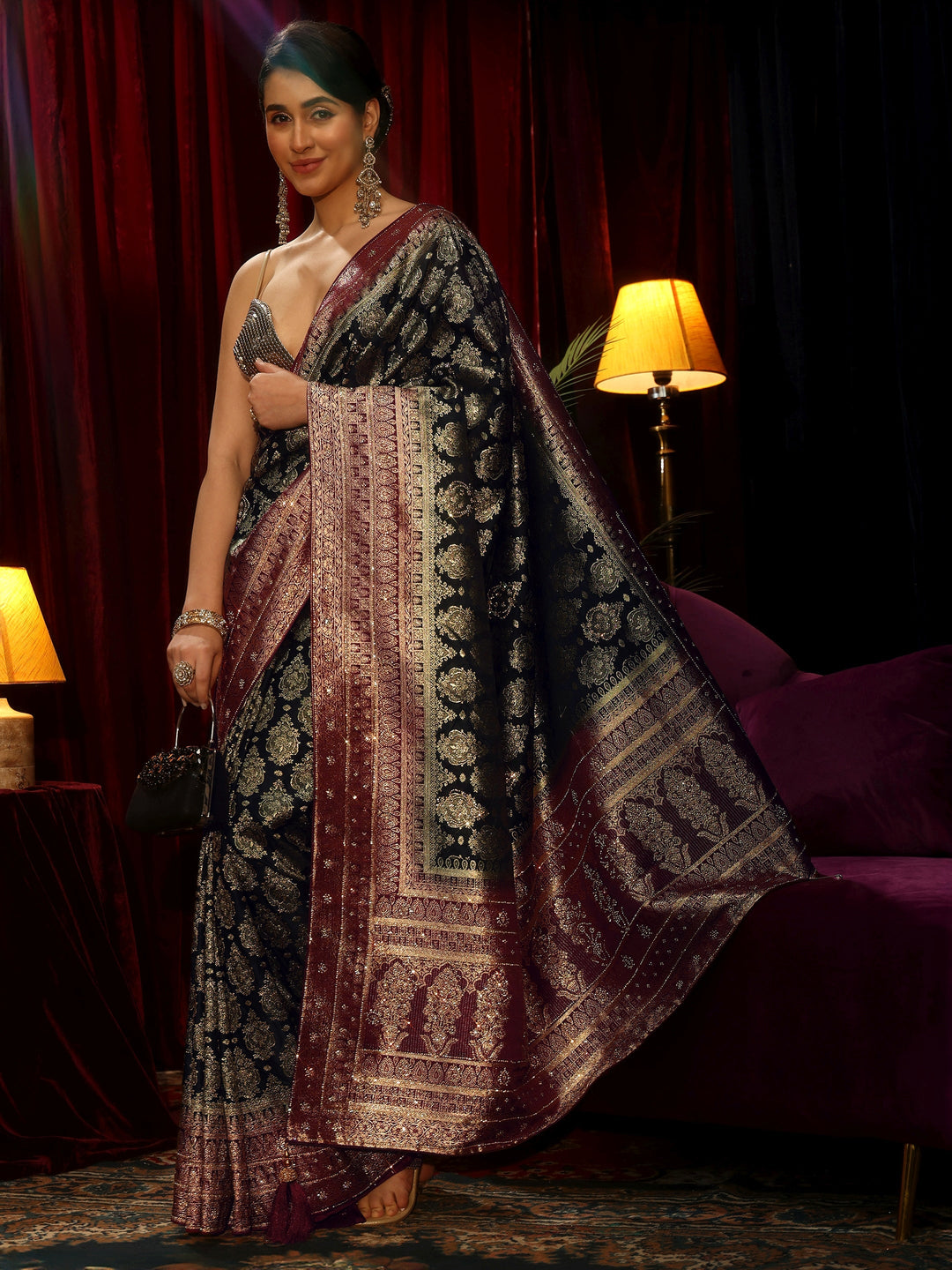 Libas Art Midnight Blue Woven Design Embellished Silk Blend Saree