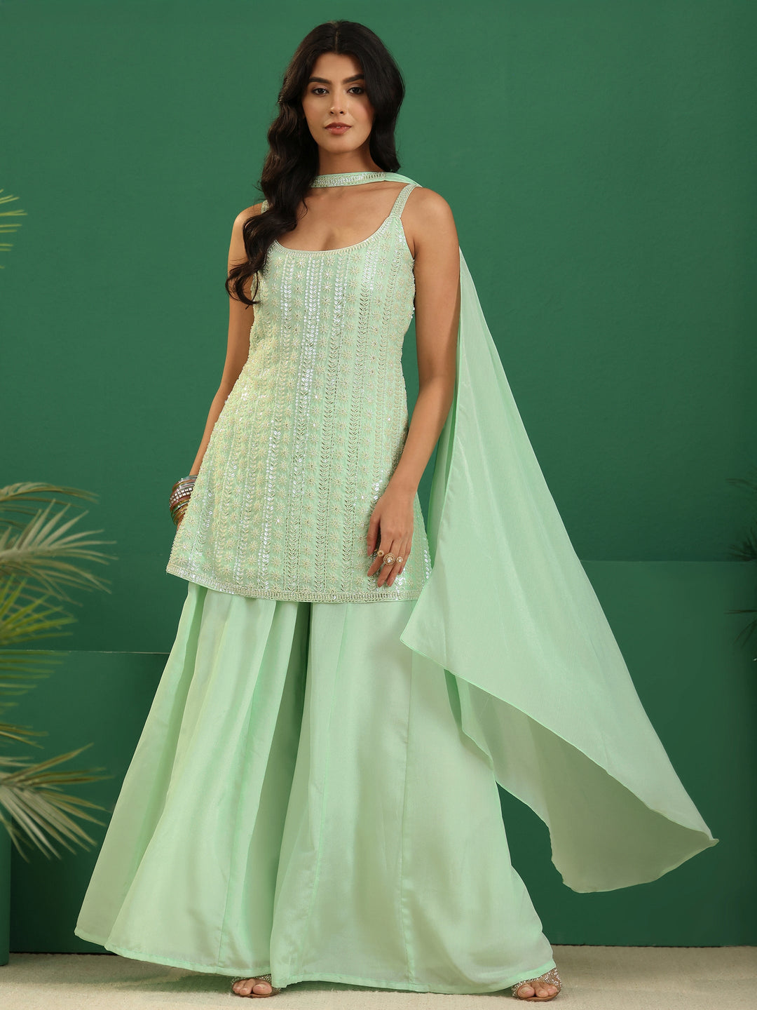  Libas Art Mint Green Sequin Embellished Strappy Chinon Palazzo Suit Set 