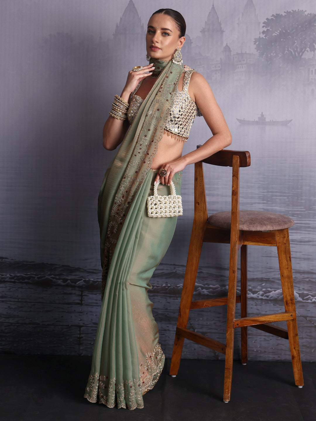  Libas Art Mint Green Tissue Saree with Embellished Scalloped Border 