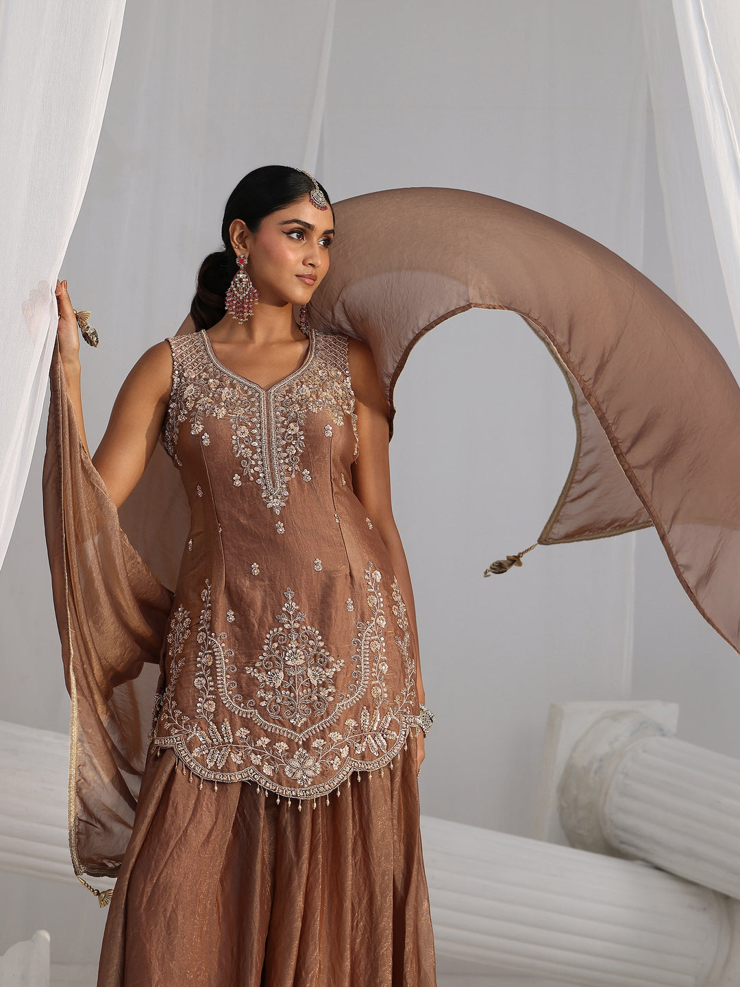 Libas Art Mocha Brown Floral Embellished Silk Blend Palazzo Suit Set 