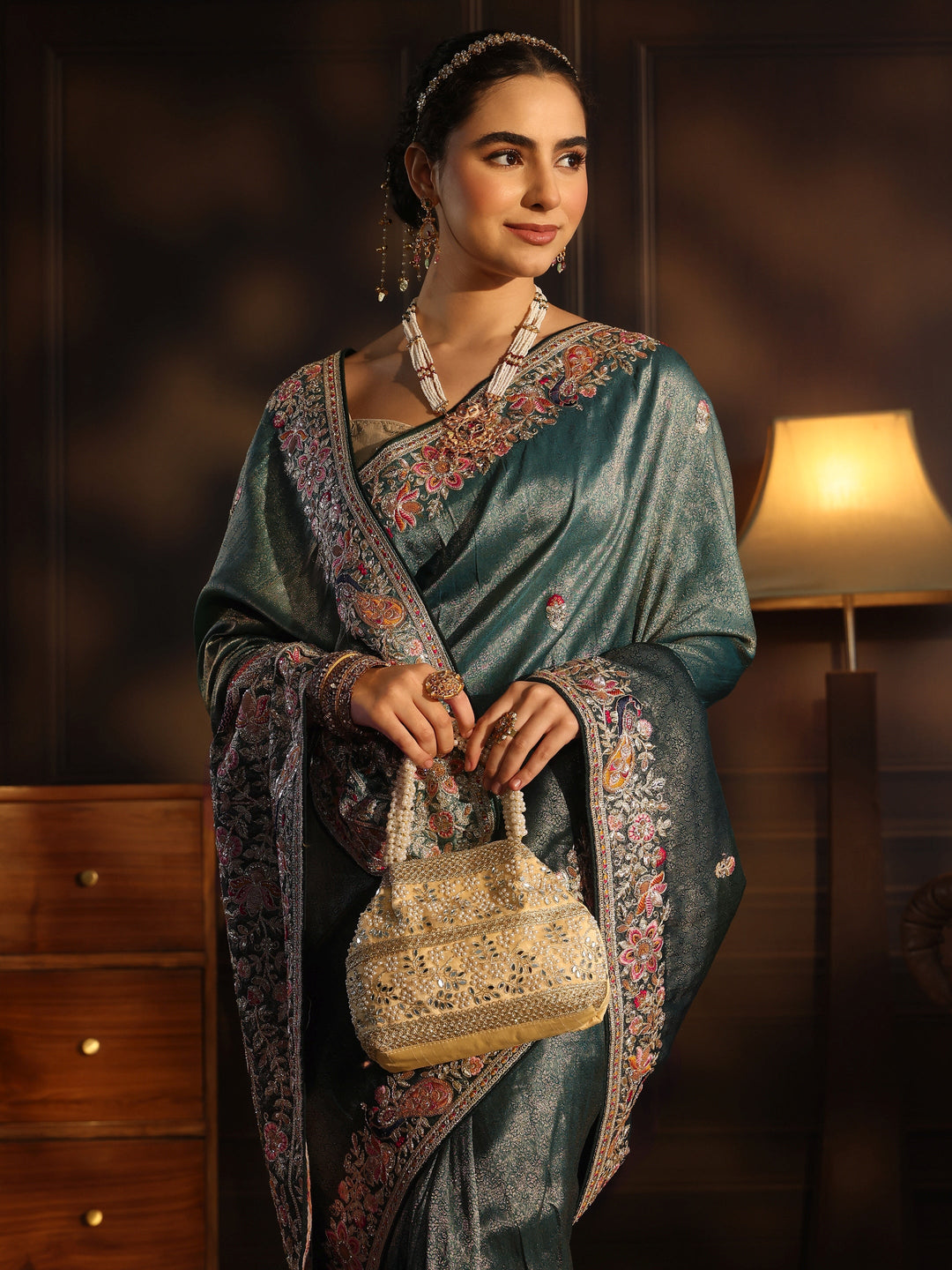 Libas Art Moss Green Silk Blend Saree with Embellished Peacock Pallu