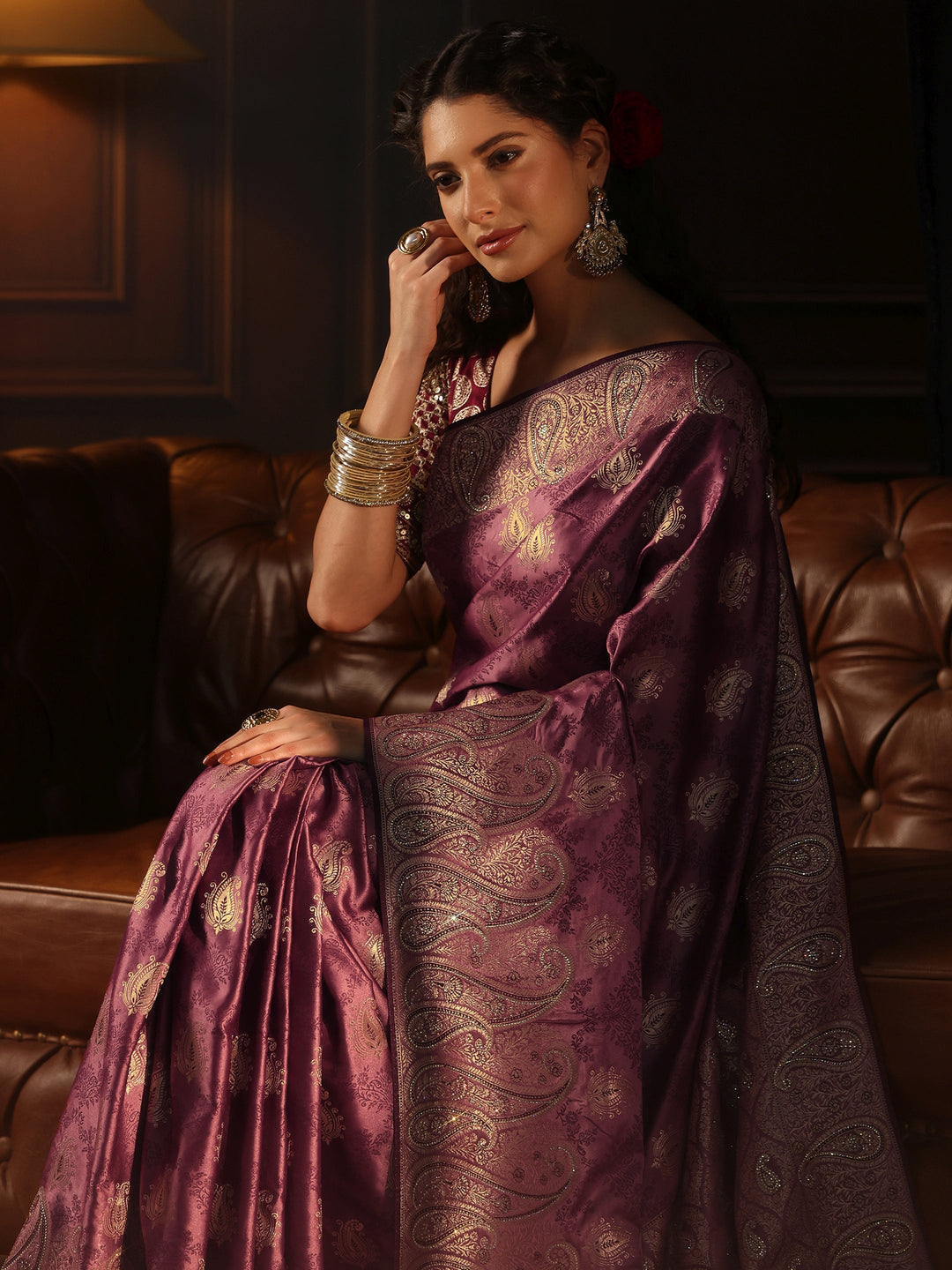 Libas Art Muave Paisley Woven Design Satin Saree