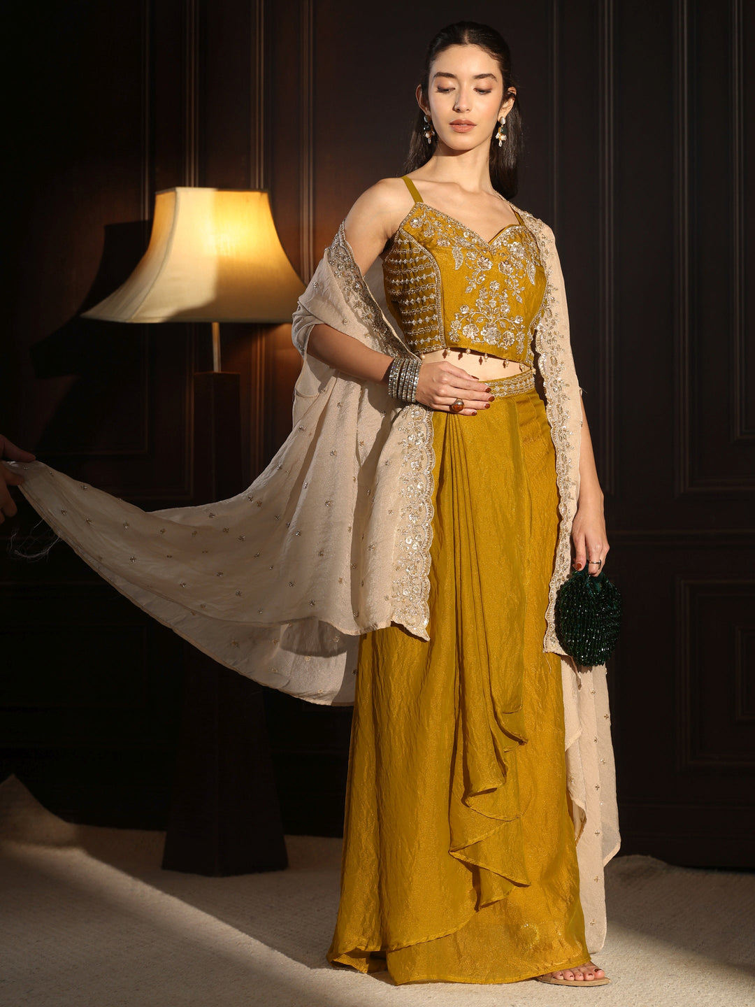  Libas Art Mustard Embellished Cape and Draped Skirt Tissue Co-Ord Set 