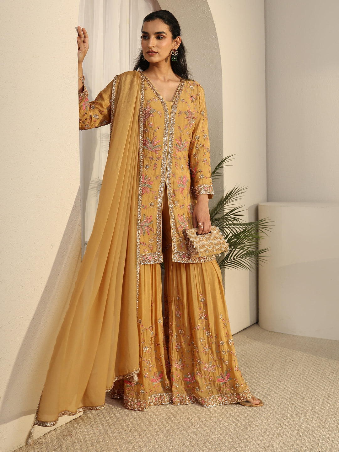  Libas Art Mustard Embellished Chinon Sharara Suit Set 