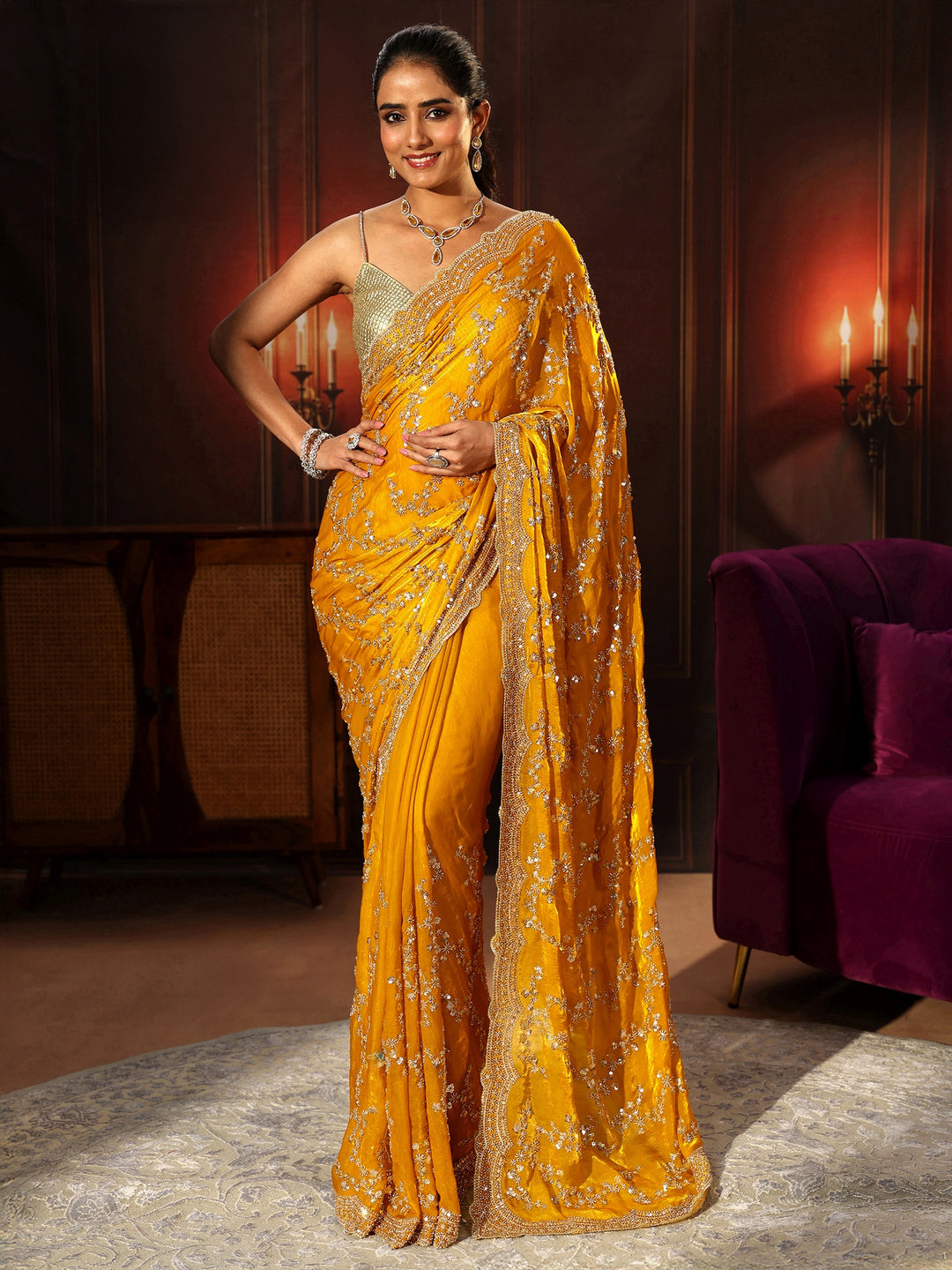  Libas Art Mustard Embellished Tissue Saree 