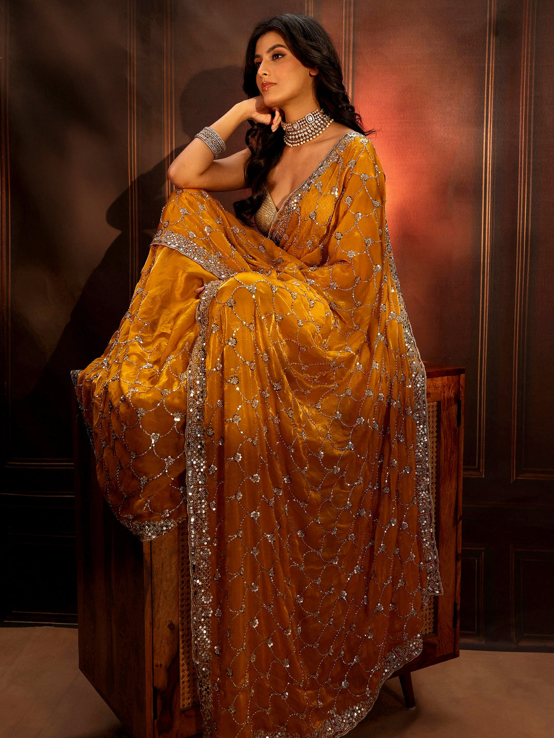  Libas Art Mustard Embellished Tissue Saree 