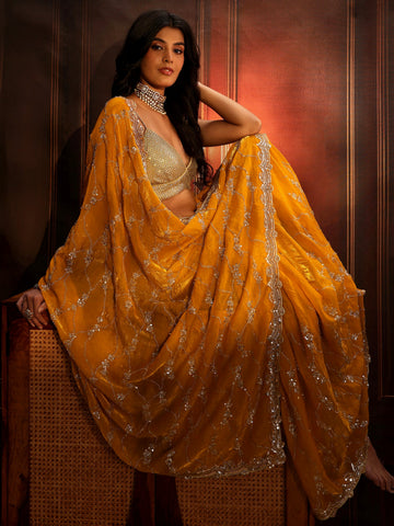 Libas Art Mustard Embellished Tissue Saree
