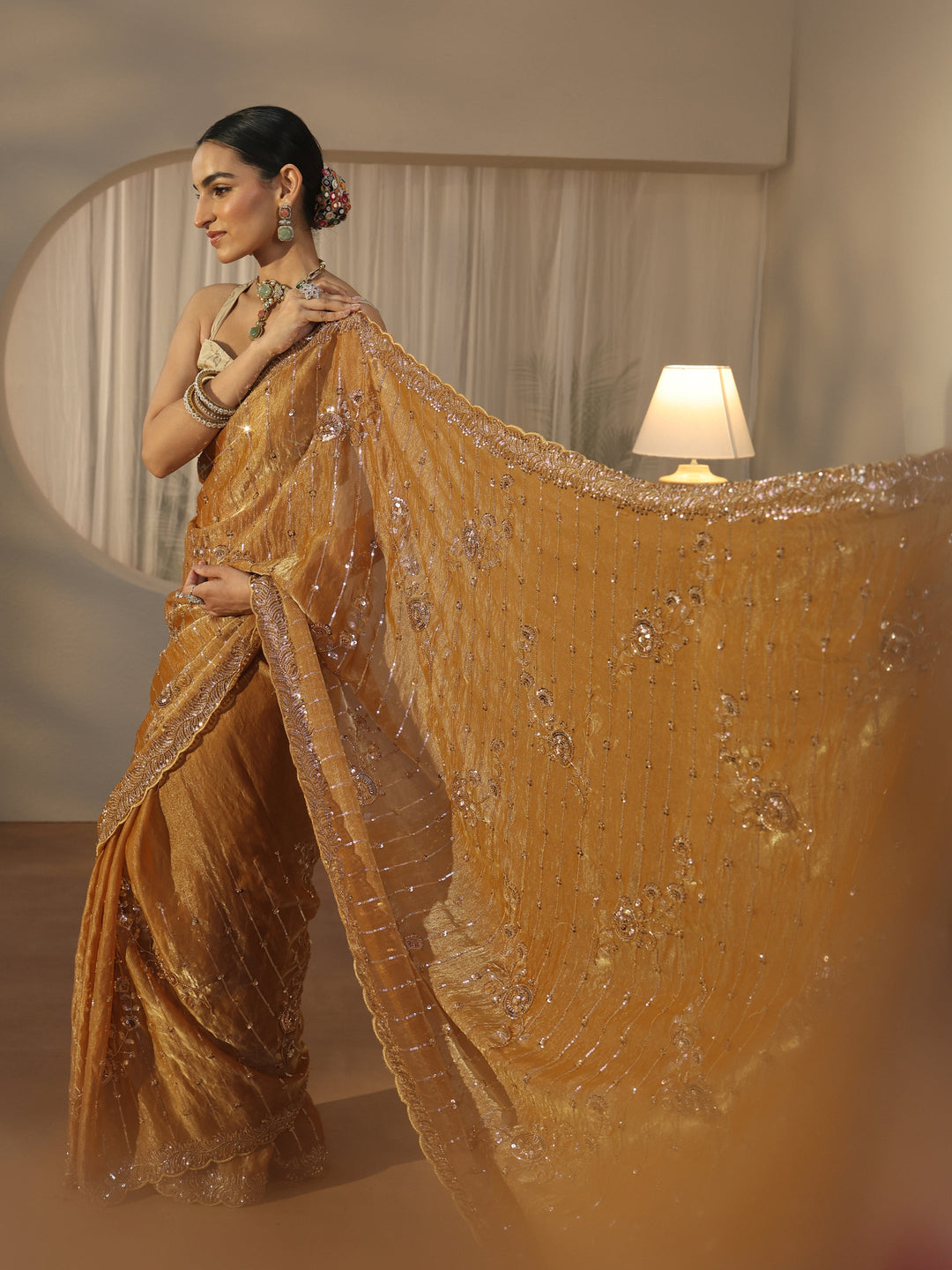  Libas Art Mustard Embellished Tissue Saree 