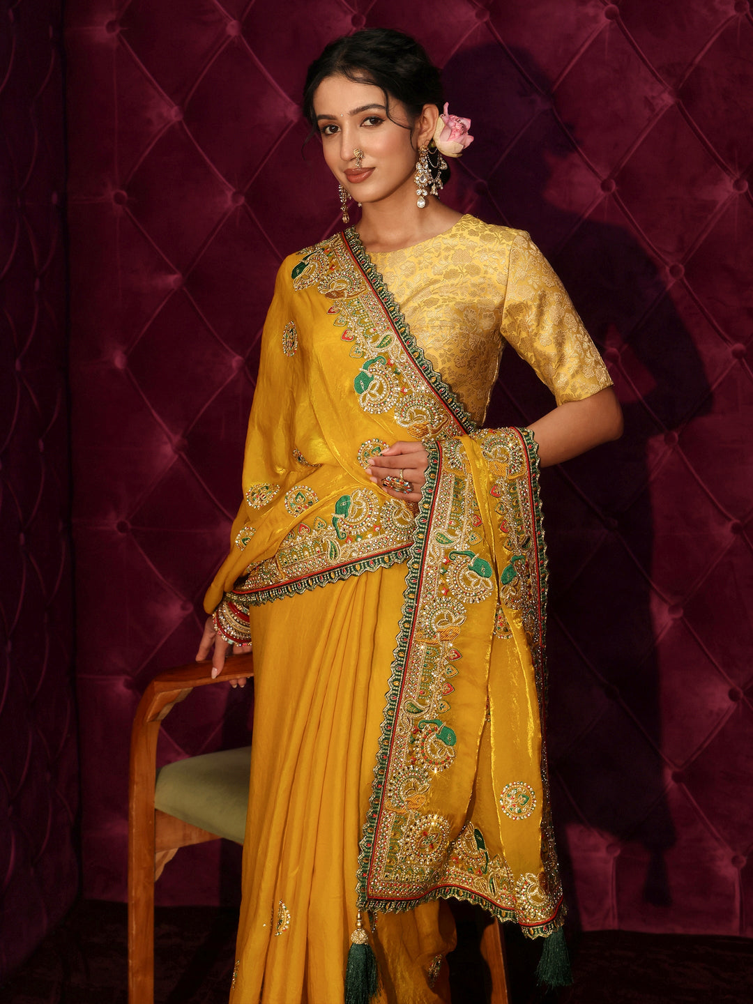  Libas Art Mustard Embroidered Tissue Saree with Stone Work 