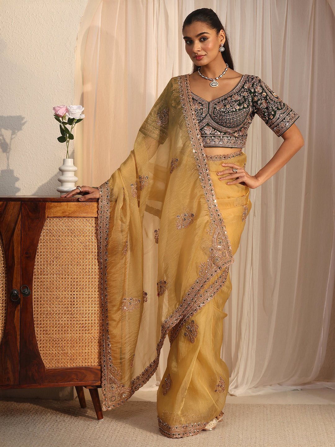  Libas Art Mustard Floral Embroidered Tissue Saree 