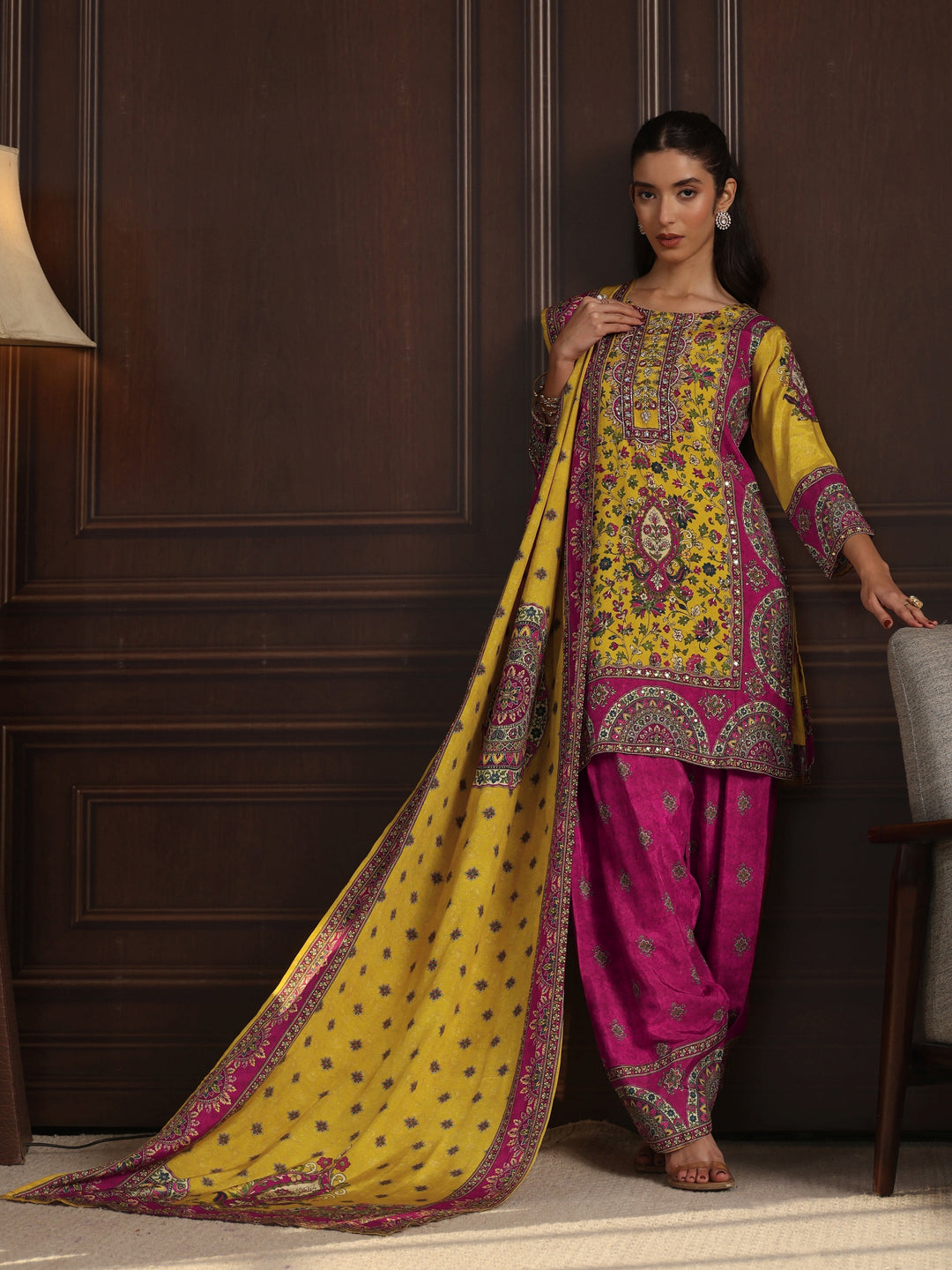  Libas Art Mustard Floral Printed Muslin Farshi Salwar Suit 