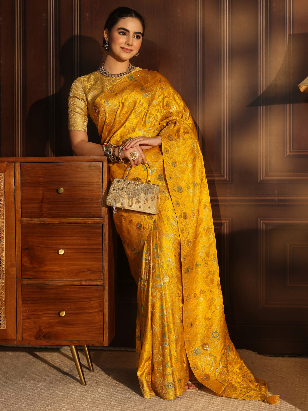 Libas Art Mustard Floral Woven Design Satin Saree