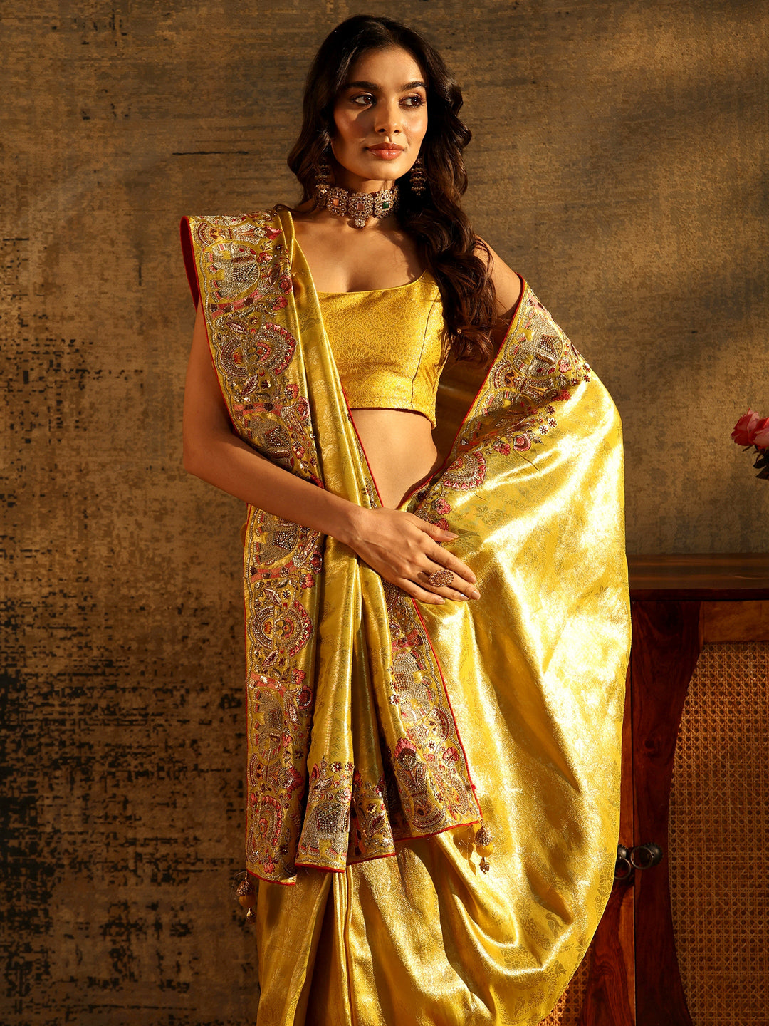  Libas Art Mustard Floral Woven Saree with Embellished Saree 