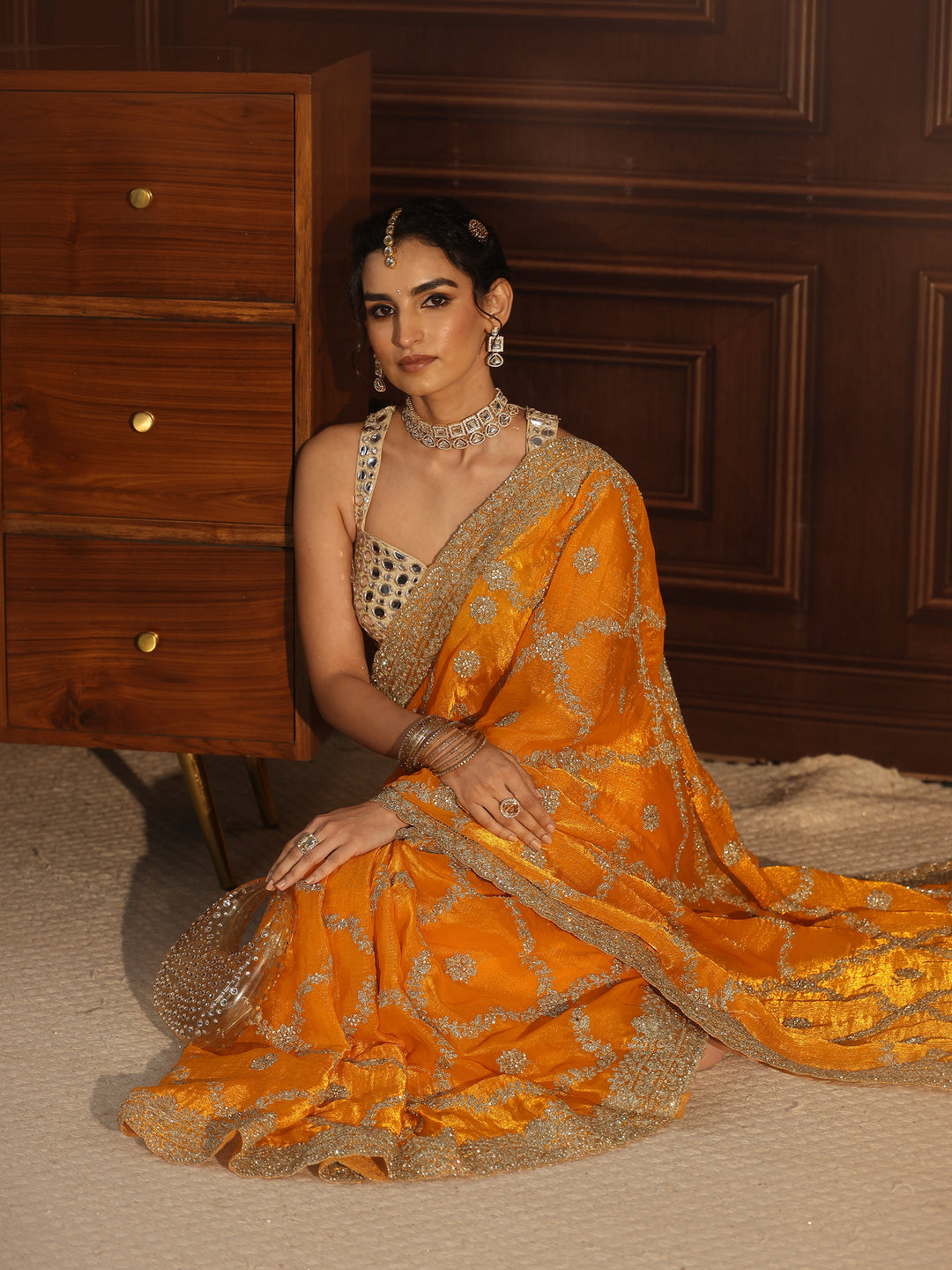 Libas Art Mustard Floral Zari Embroidered Tissue Saree