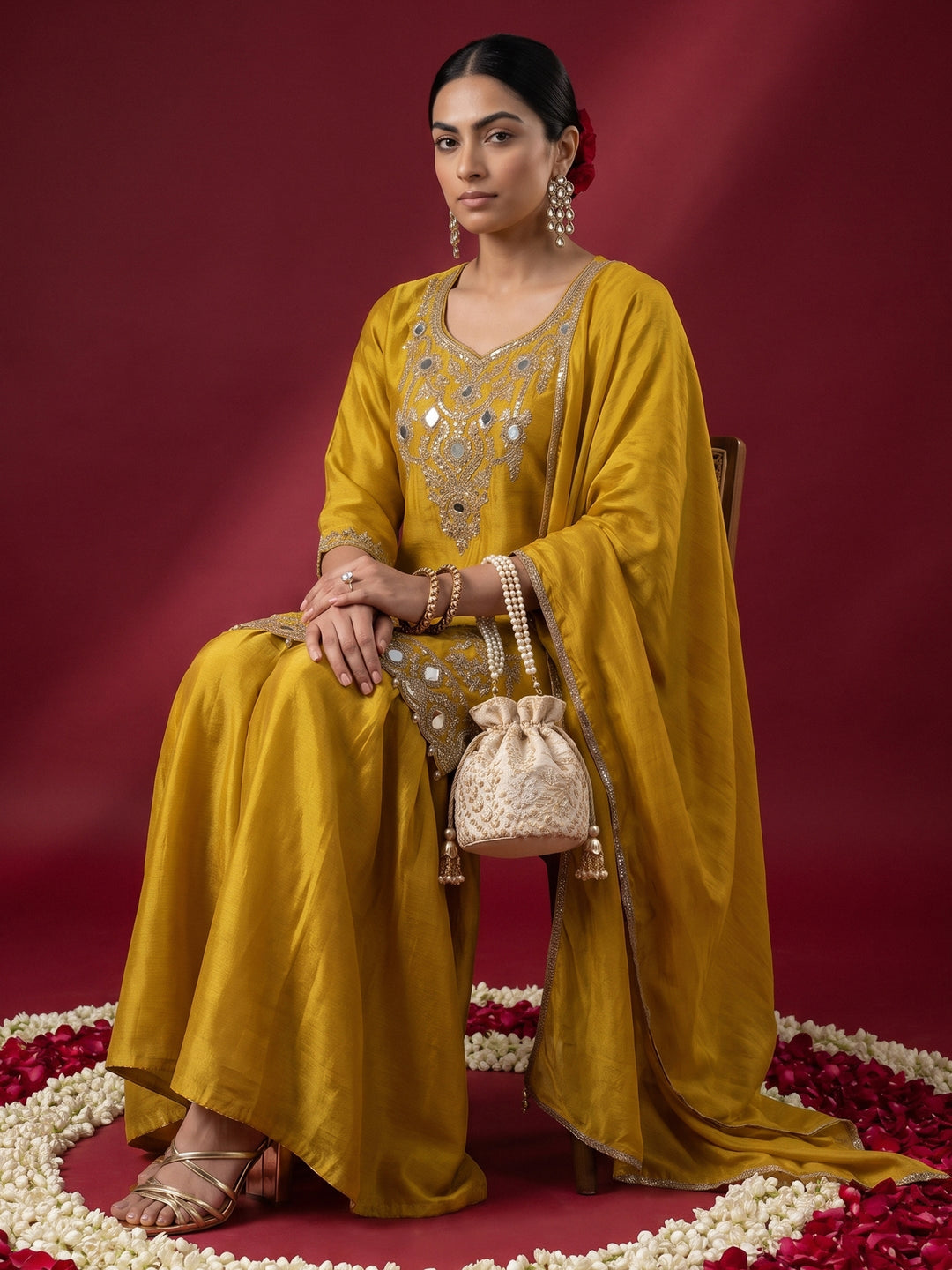  Libas Art Mustard Mirror Work Embellished Chinon Palazzo Suit Set 
