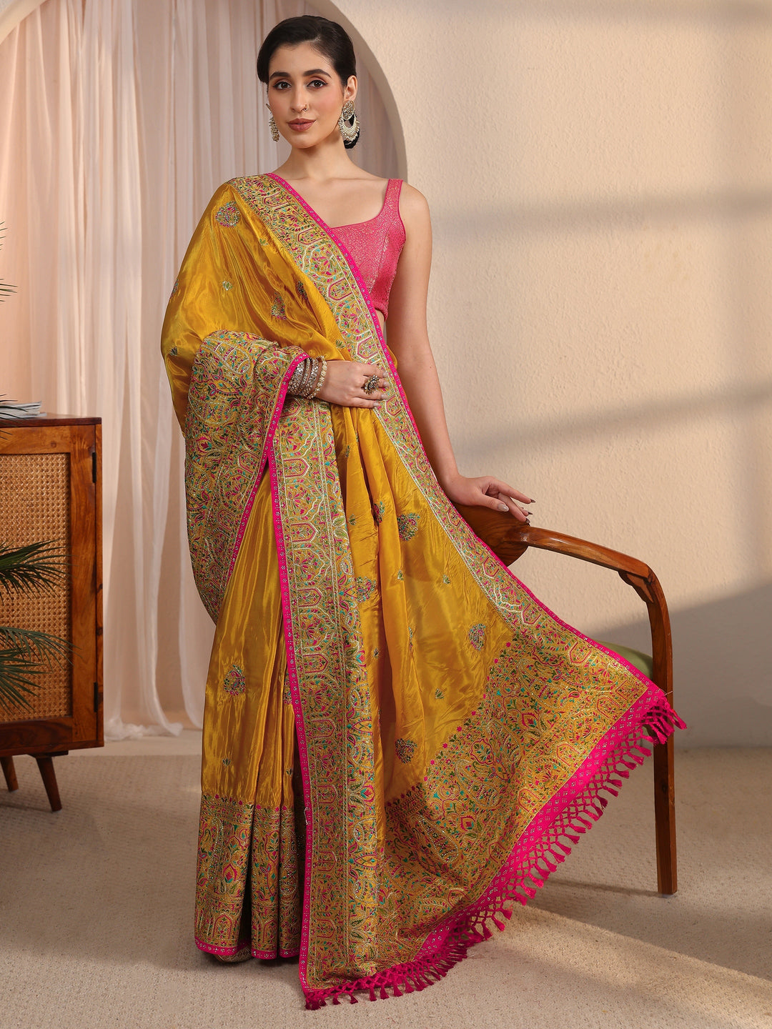  Libas Art Mustard Mughal Embroidered Satin Tassel Saree 