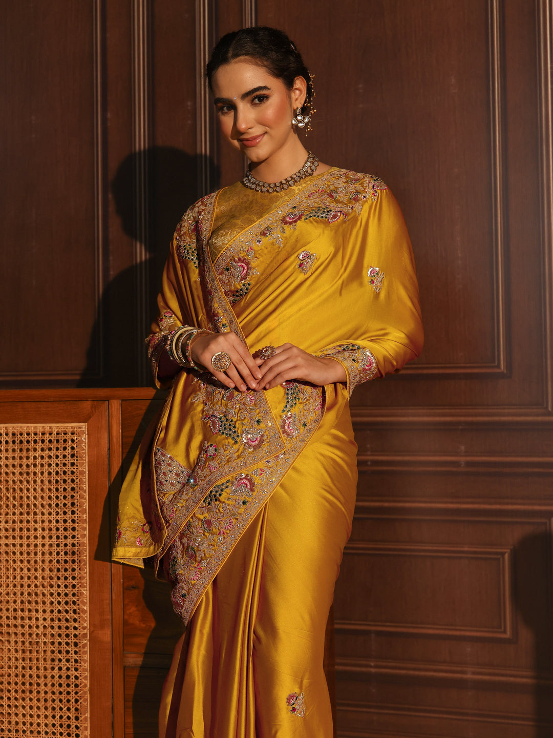 Libas Art Mustard Satin Saree with Embellished Border