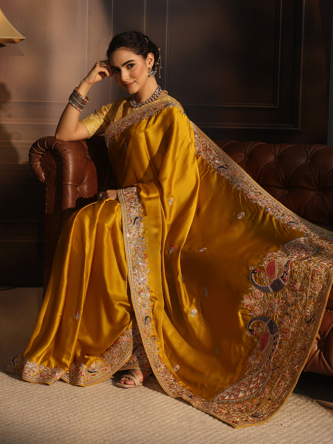 Libas Art Mustard Satin Saree with Embellished Border