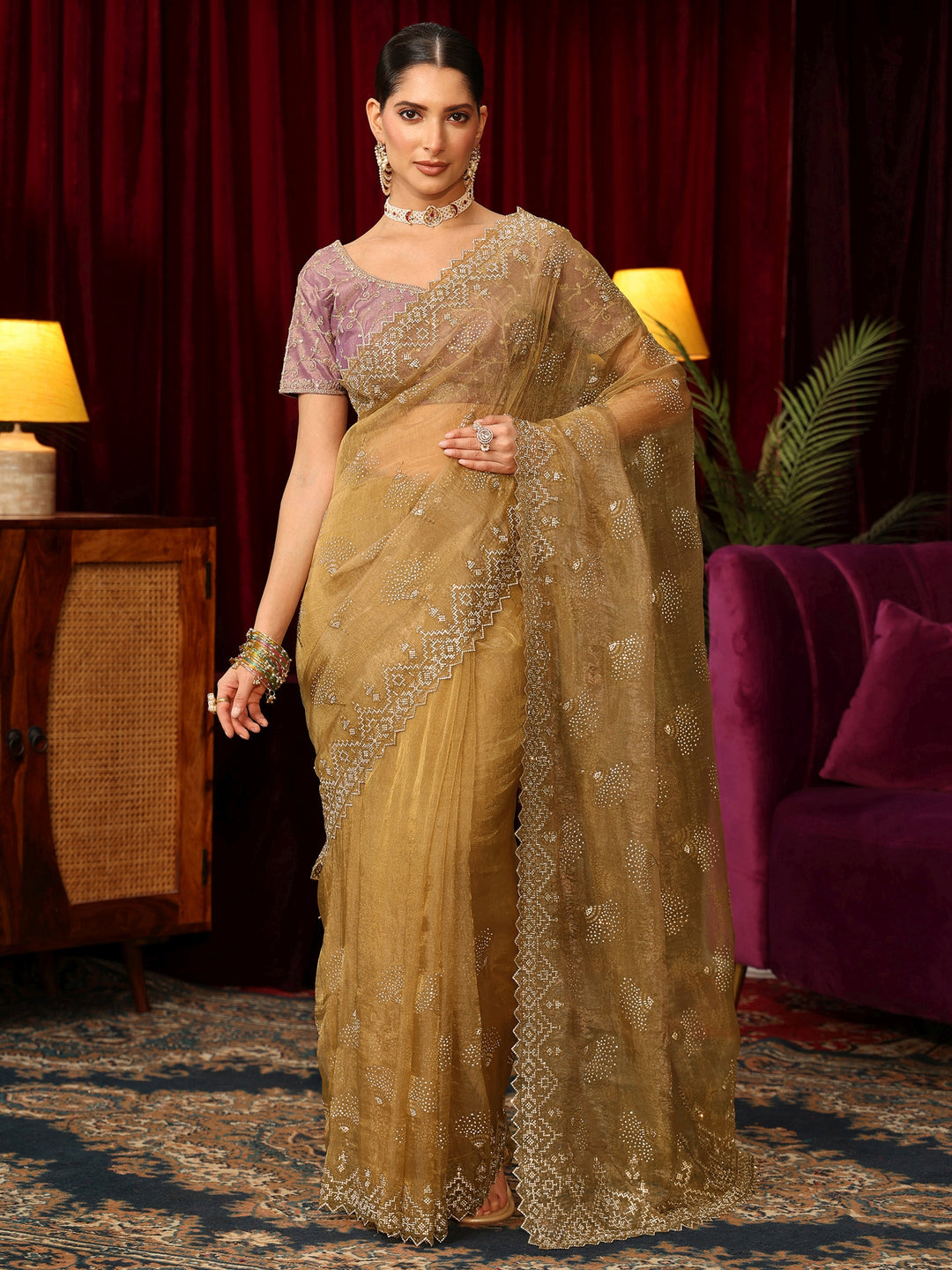  Libas Art Mustard Stone Work Embellished Tissue Saree 