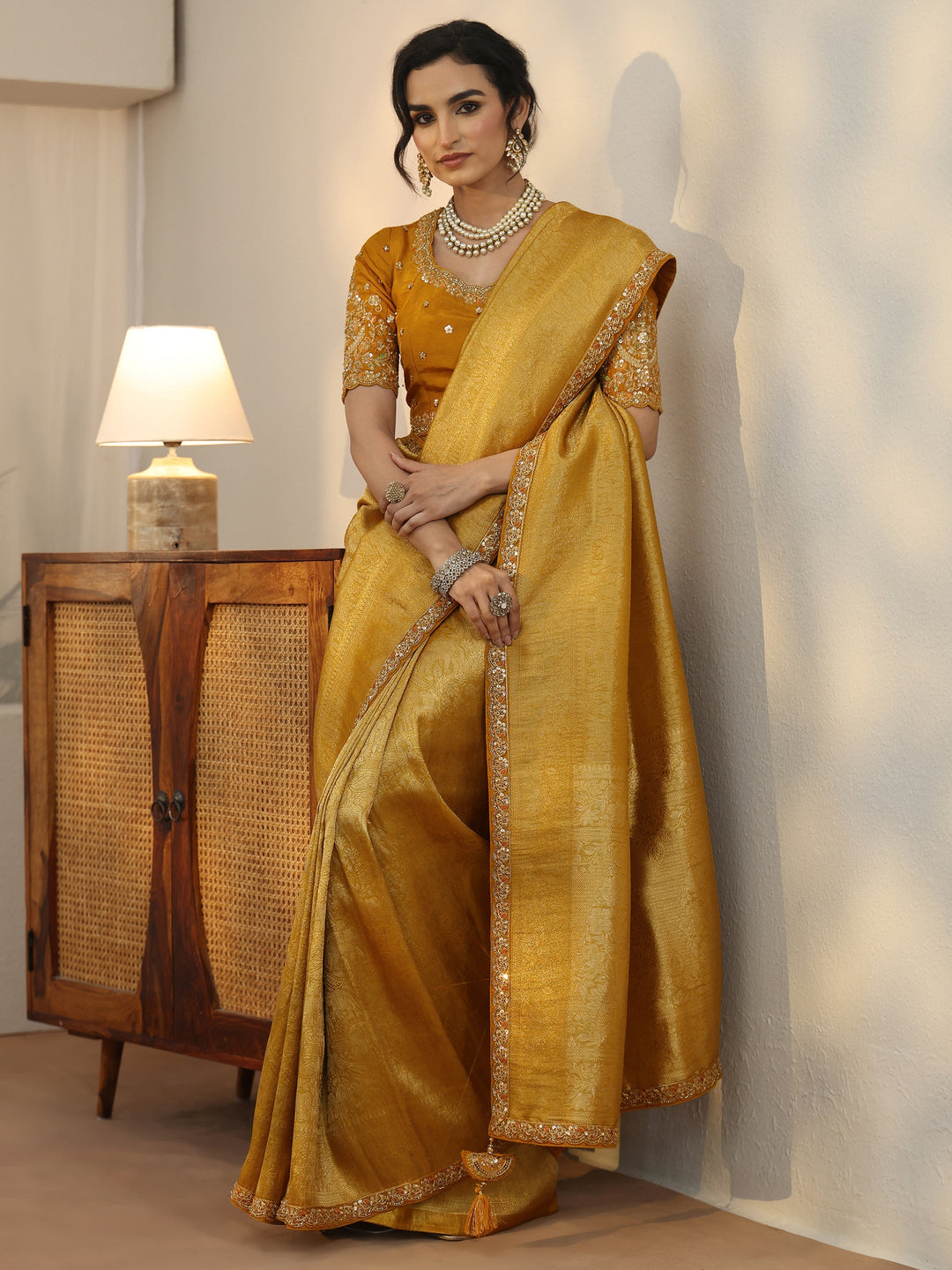  Libas Art Mustard Textured Silk Blend Saree with Embellished Border 
