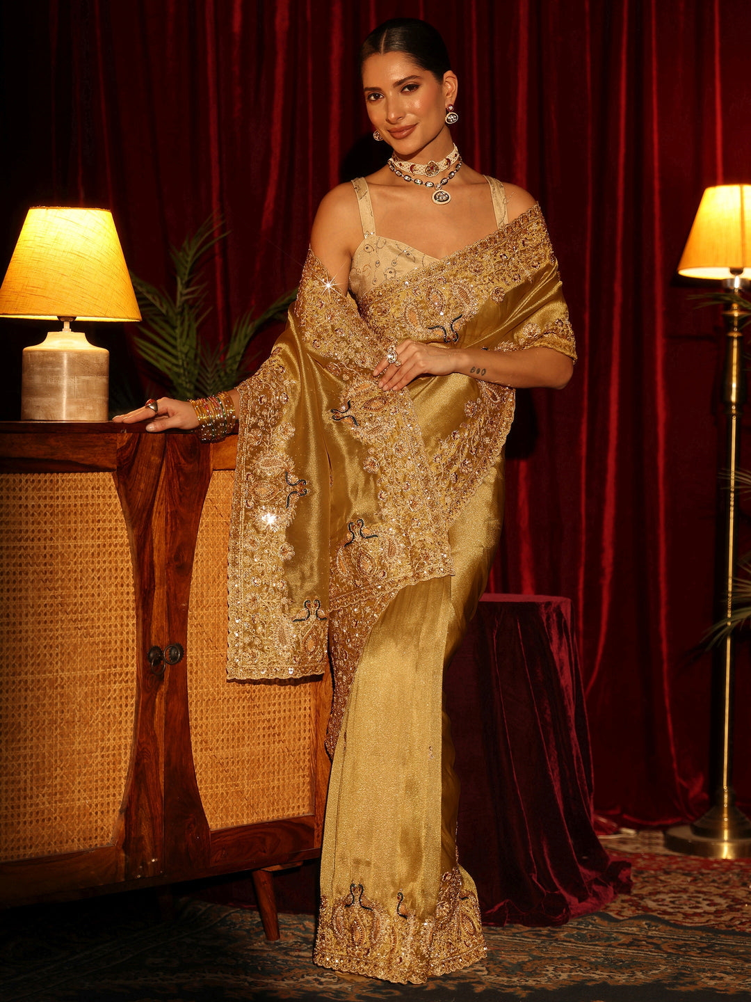  Libas Art Mustard Tissue Saree with Sequin and Zari Embellished Border 