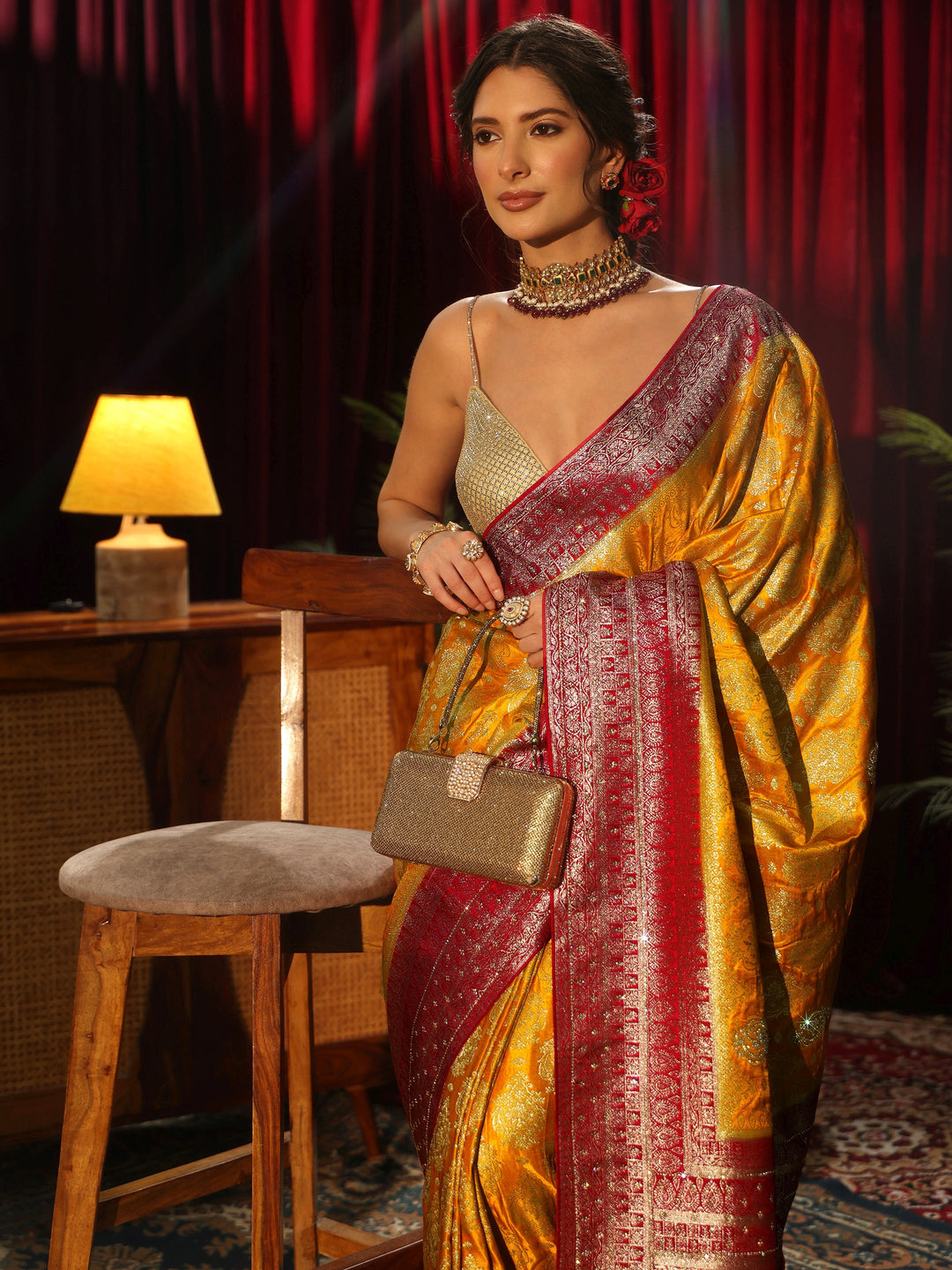 Libas Art Mustard Woven Design Silk Blend Saree with Stone Work