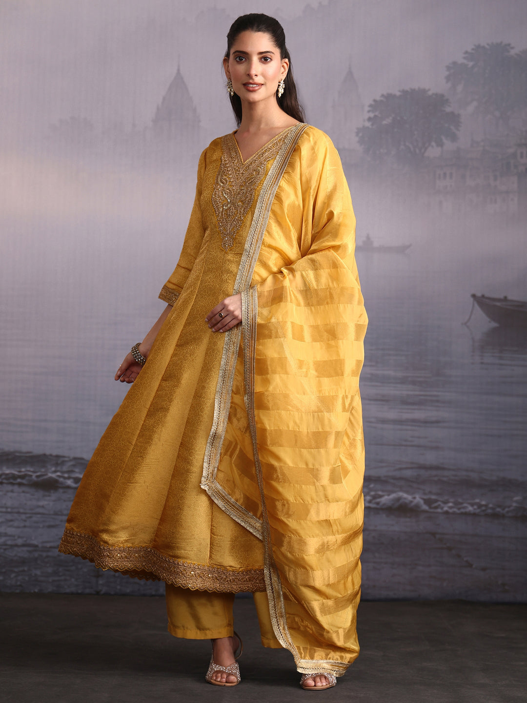 Libas Art Mustard Yellow Floral Woven Design A-Line Suit Set