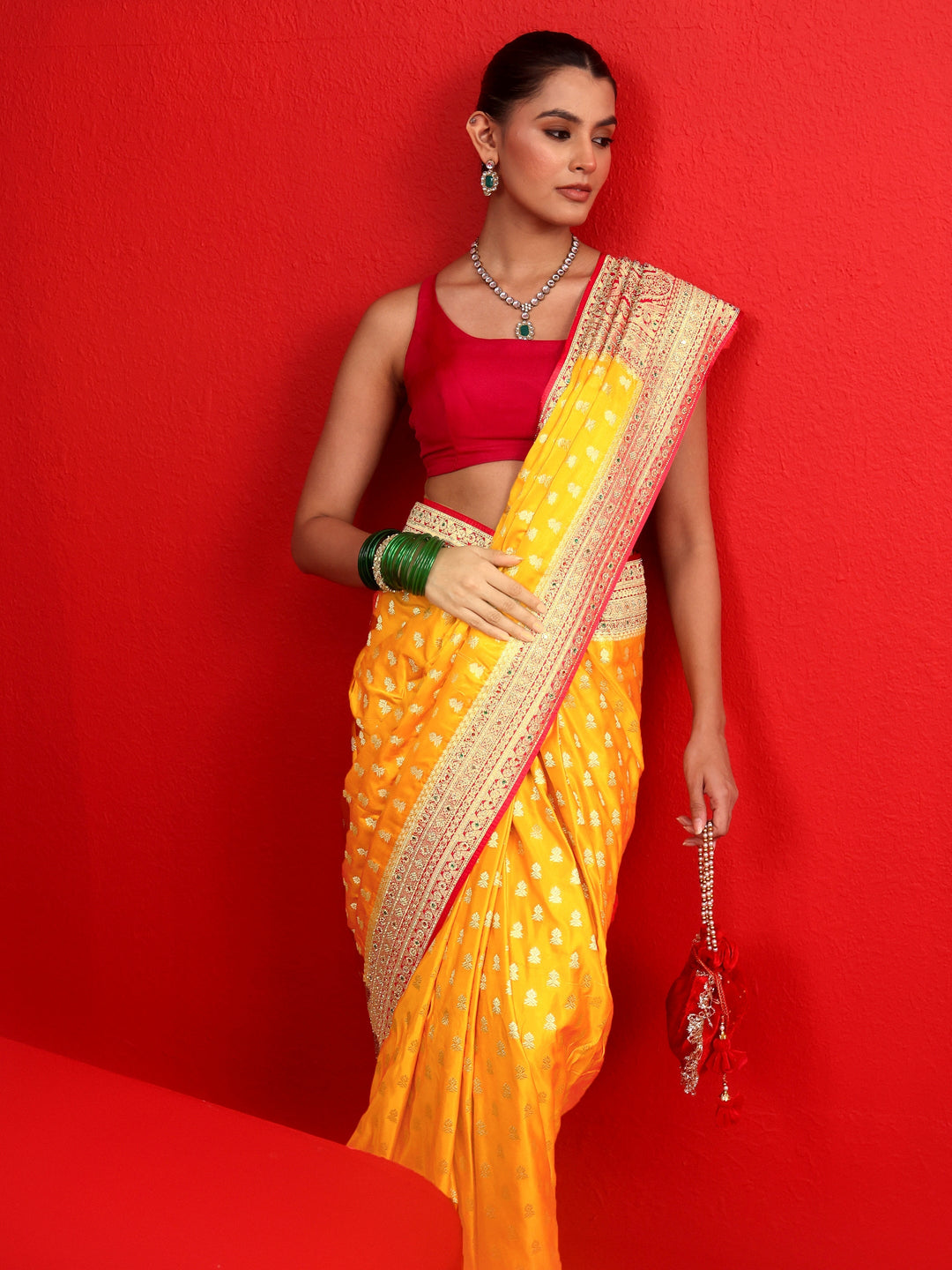  Libas Art Mustard and Red Woven Design Stone Work Satin Saree 