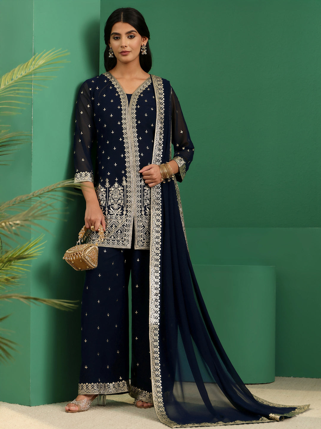 Libas Art Navy Blue Embellished Georgette Palazzo Suit Set 