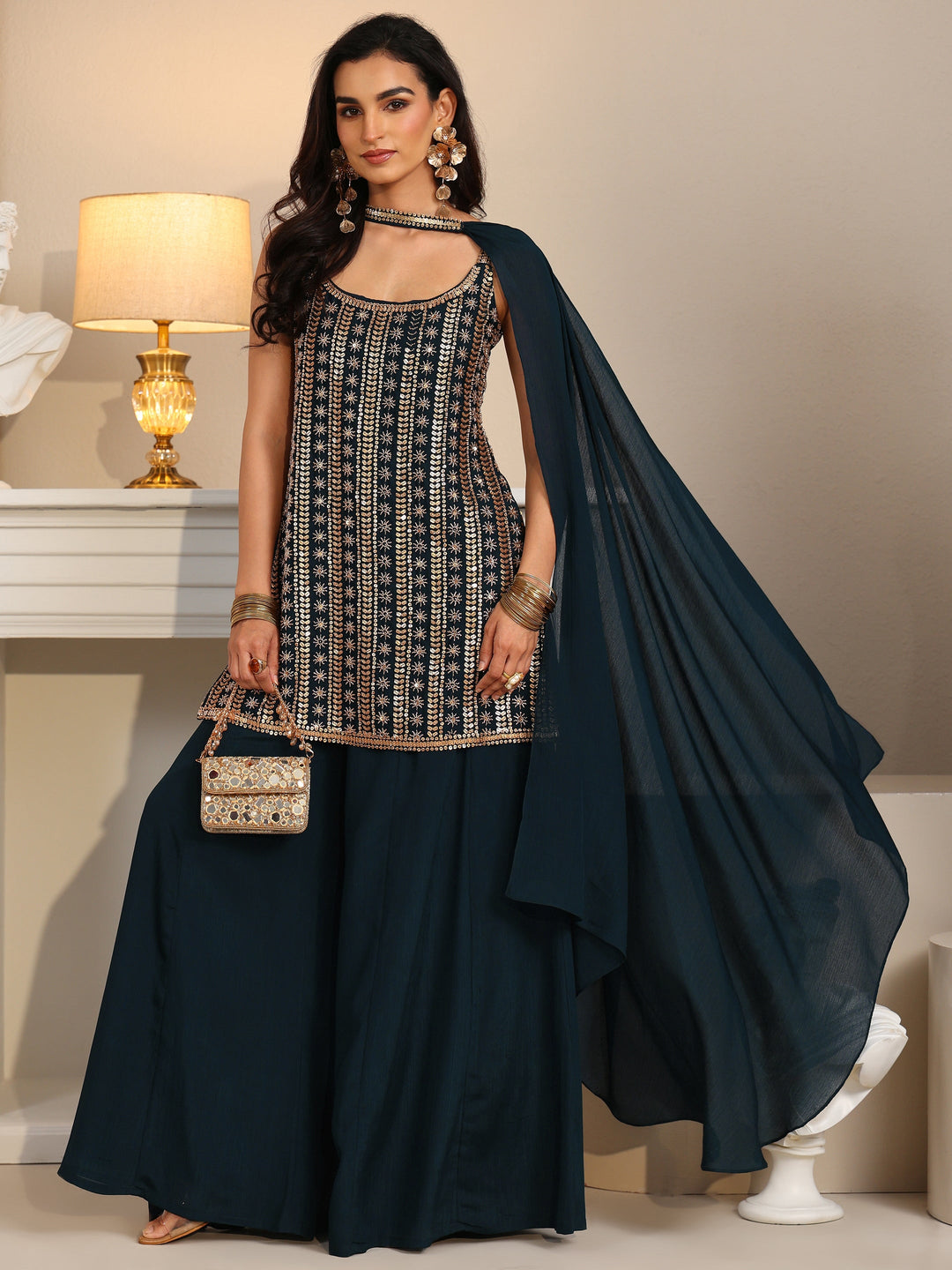  Libas Art Navy Blue Embellished Strappy Chinon Palazzo Suit Set 